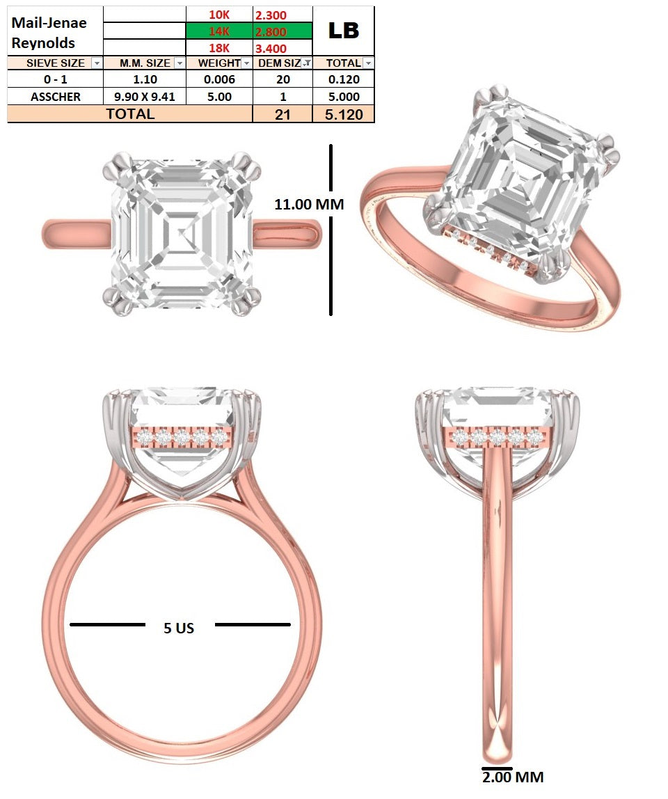 Custom order - Jenae Reynolds | 5ct Asscher | E/VVS | 14k rose gold with white gold prongs | Ring size - 5 (US)