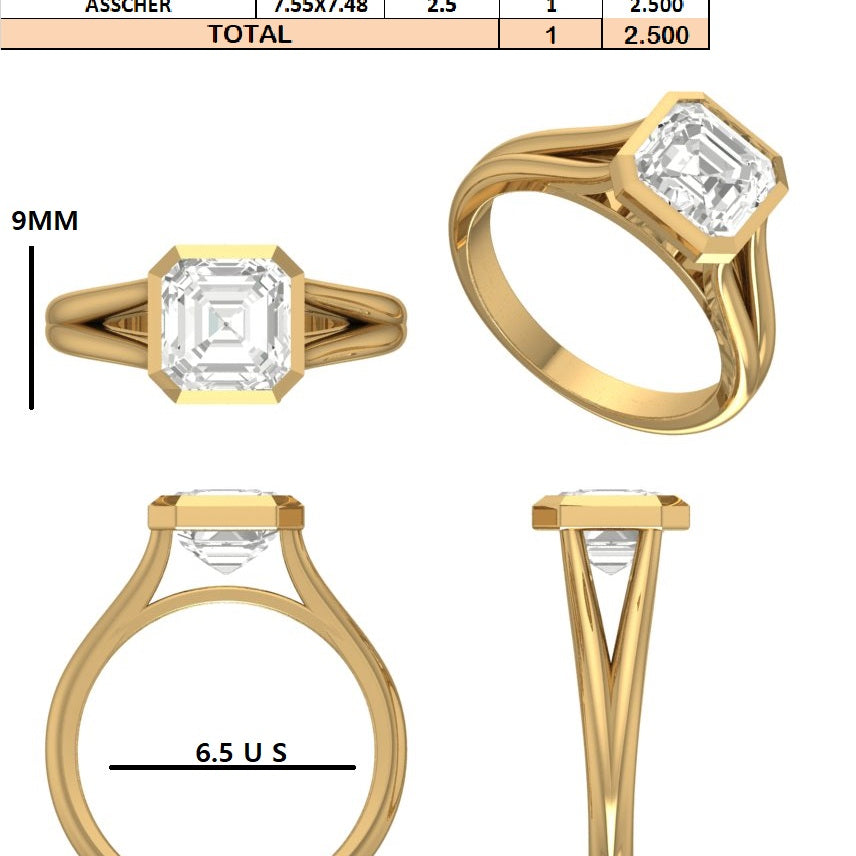 Custom Order - John Kivett |2.5CT Ascher Cut | 14K Yellow Gold | Ring Size 6.5 (US)