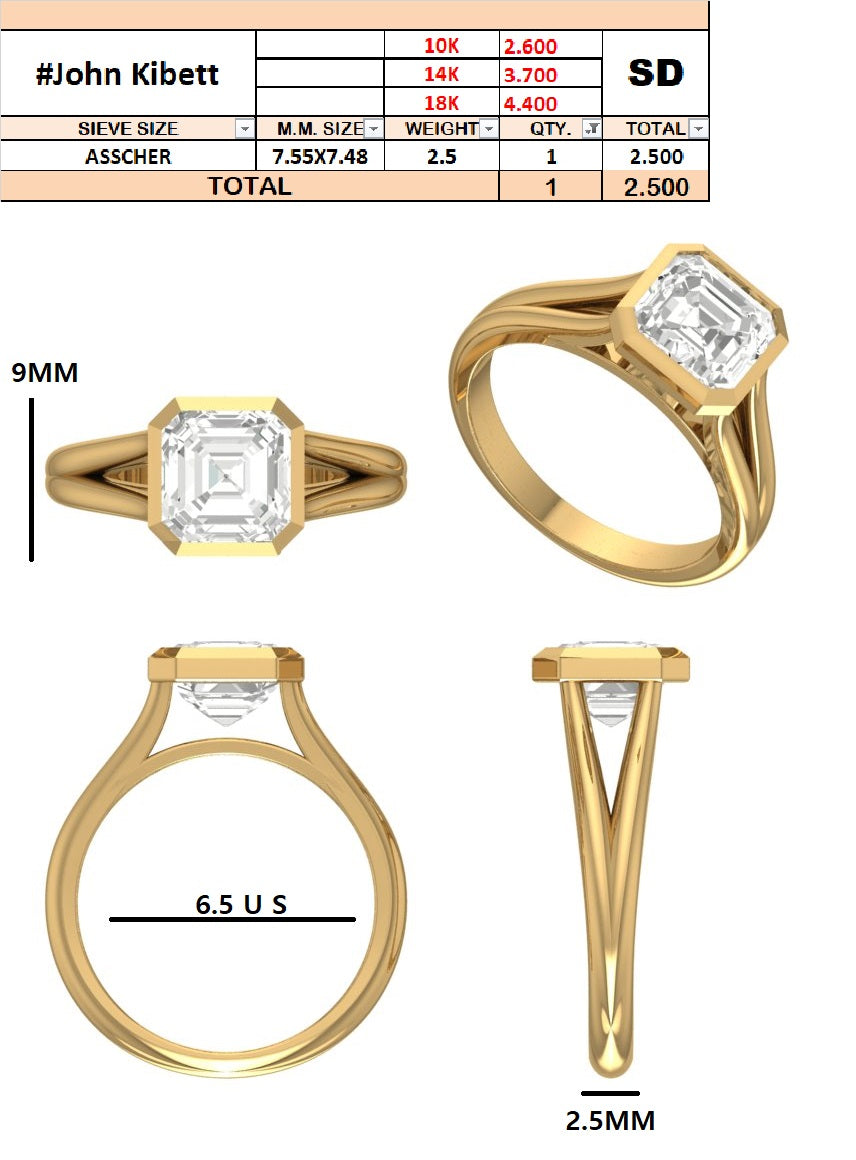 Custom Order - John Kivett |2.5CT Ascher Cut | 14K Yellow Gold | Ring Size 6.5 (US)