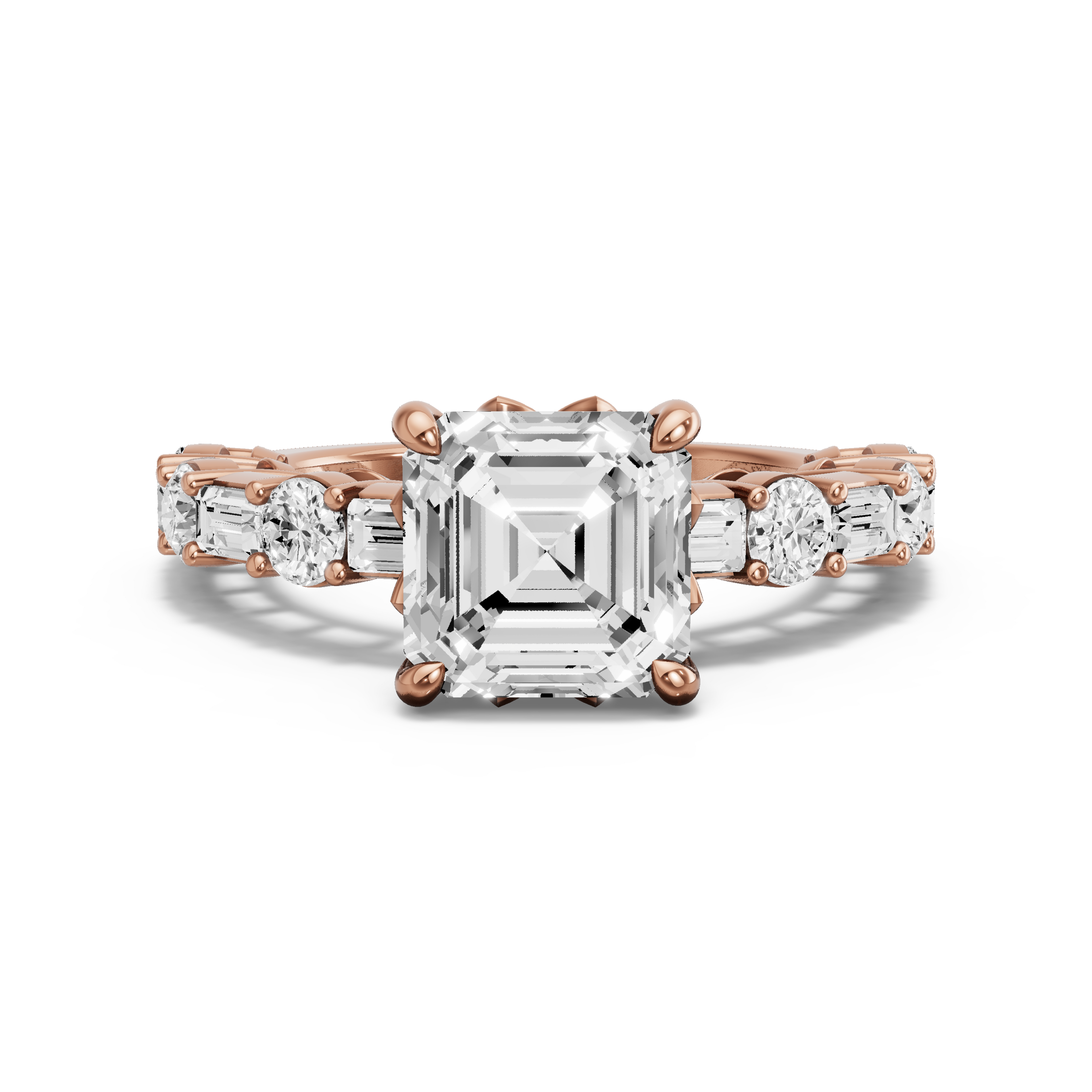 Image for Asscher Lotus Basket Ring with Alternating Baguette band in 14K Yellow Gold