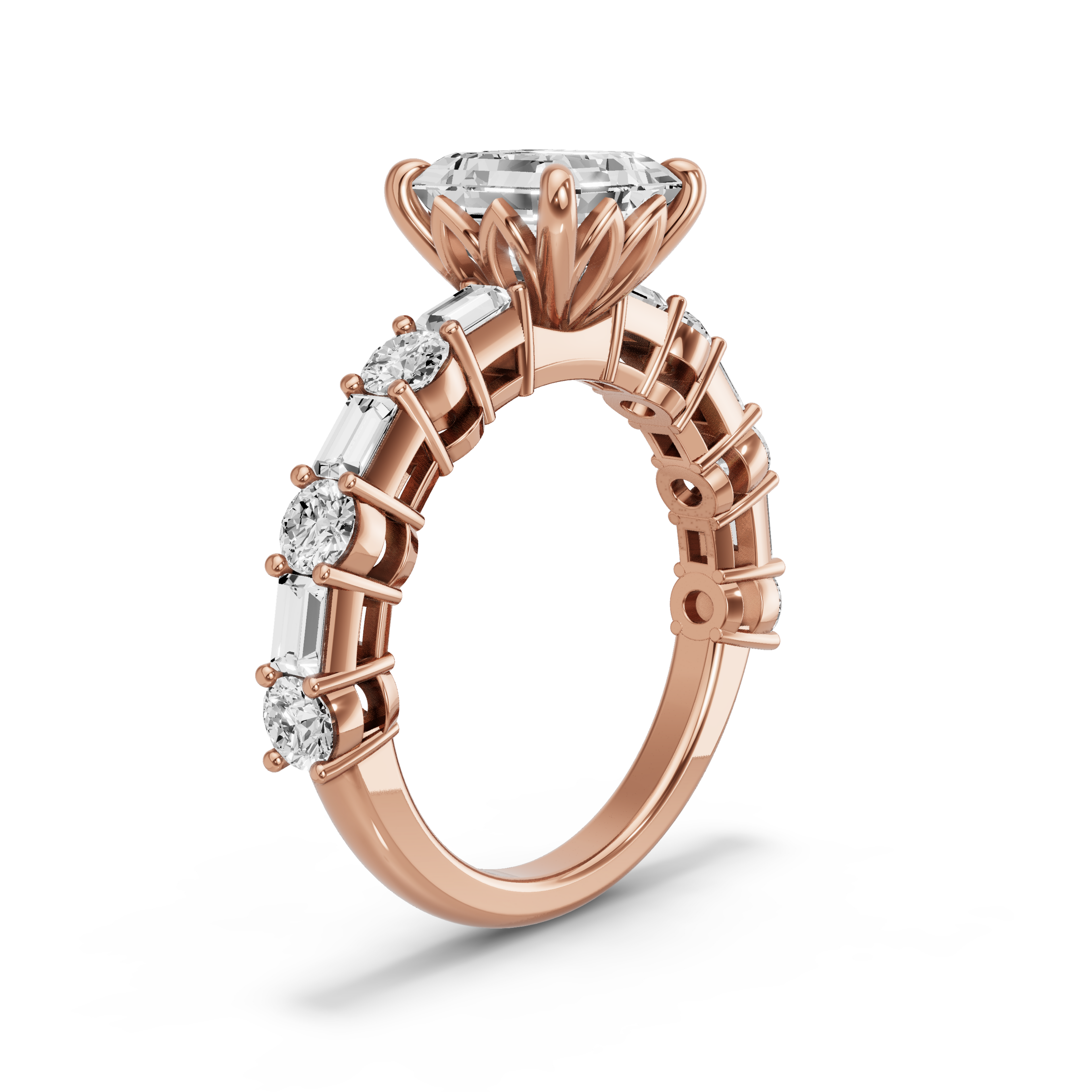 Image for Asscher Lotus Basket Ring with Alternating Baguette band in 10K Yellow Gold