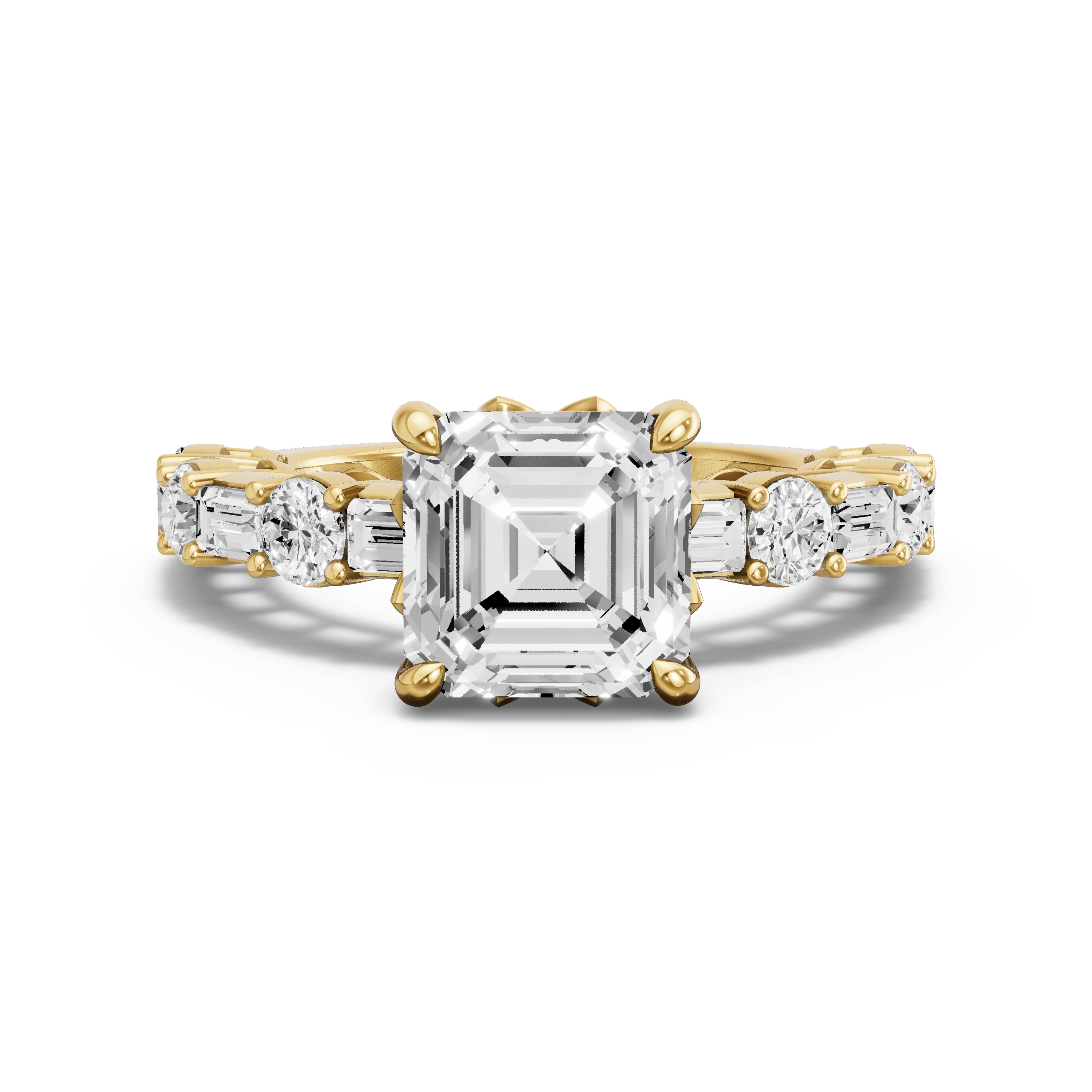 Image for Asscher Lotus Basket Ring with Alternating Baguette band in 10K White Gold