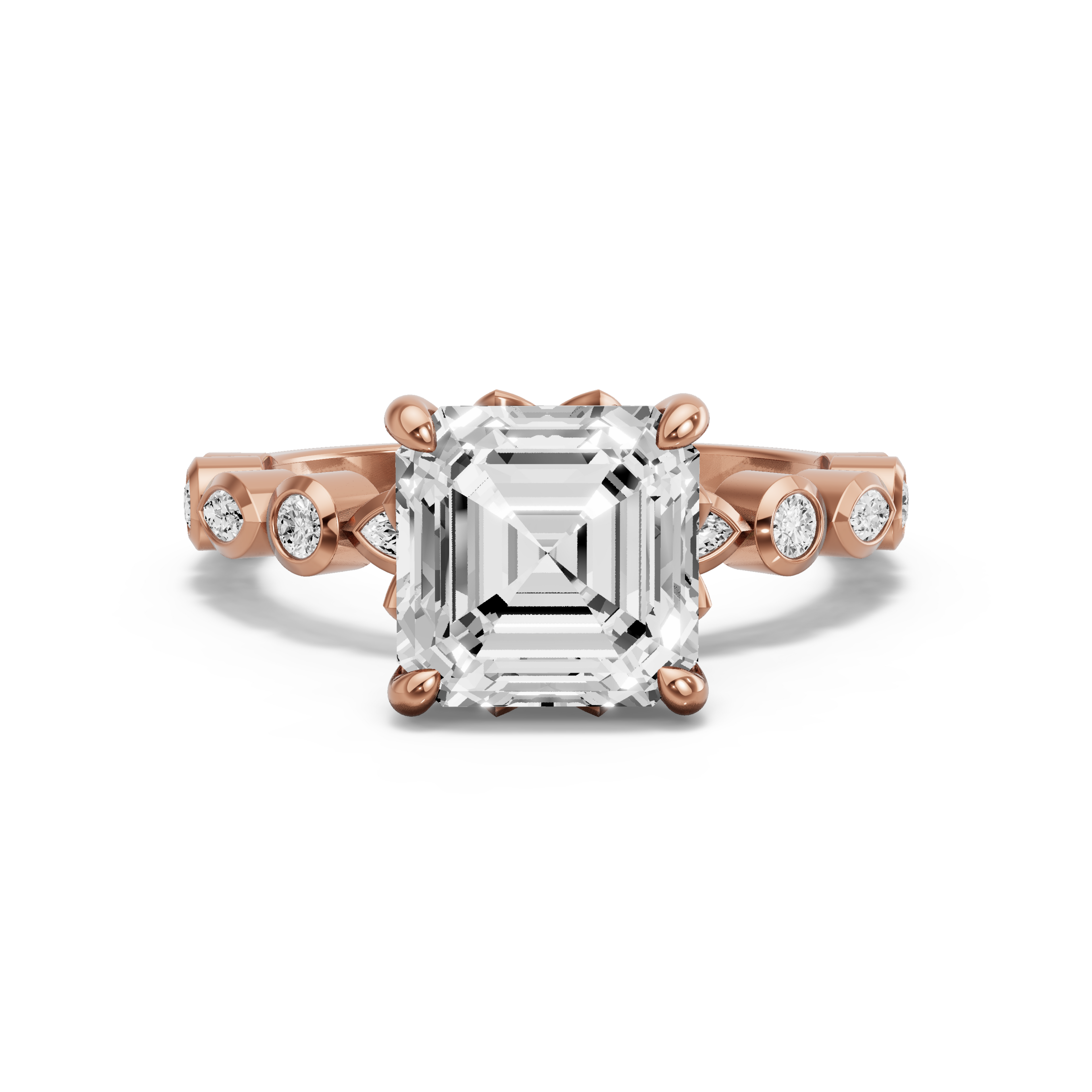 Image for Asscher Lotus Basket Ring with Alternating Marquise band in 14K Yellow Gold