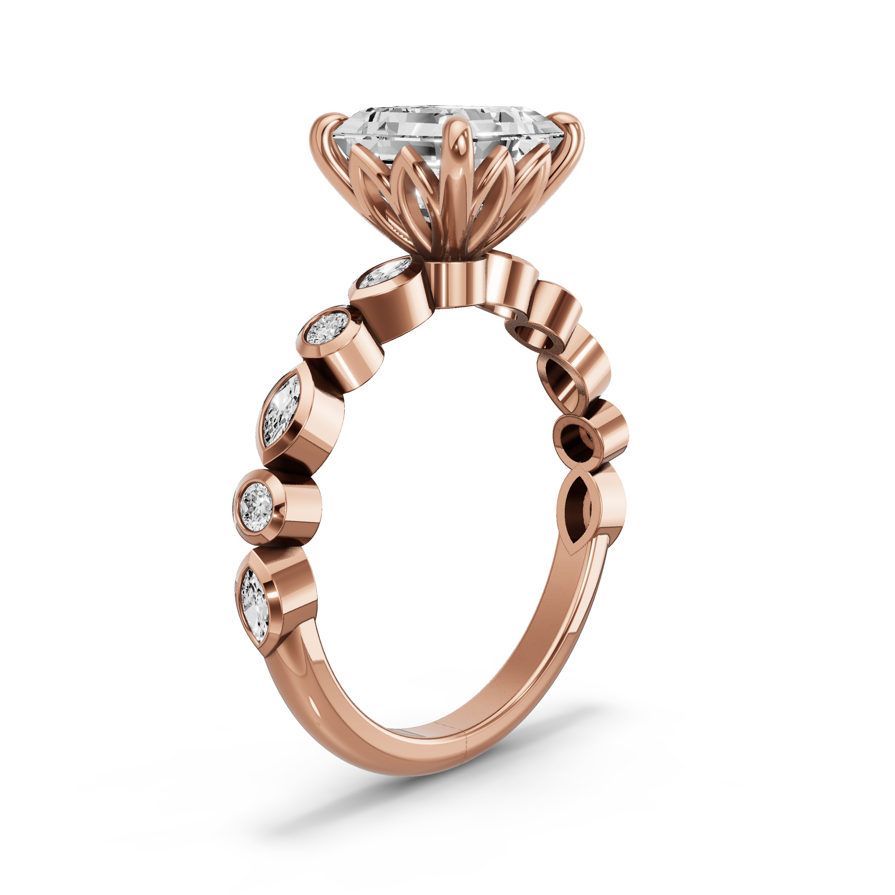 Image for Asscher Lotus Basket Ring with Alternating Marquise band in 14K Yellow Gold