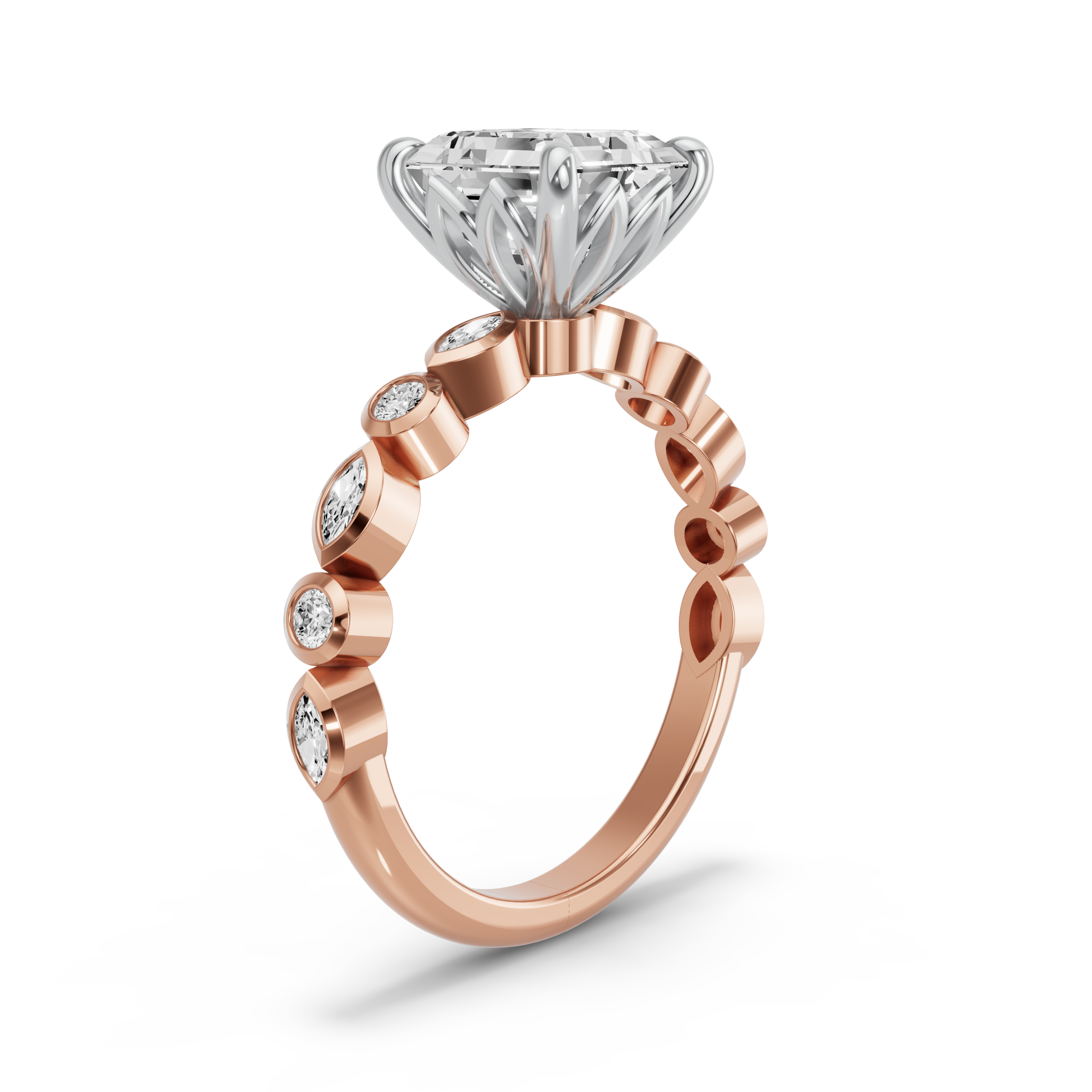 Image for Asscher Lotus Basket Ring with Alternating Marquise band in 10K Two Tone Yellow Gold