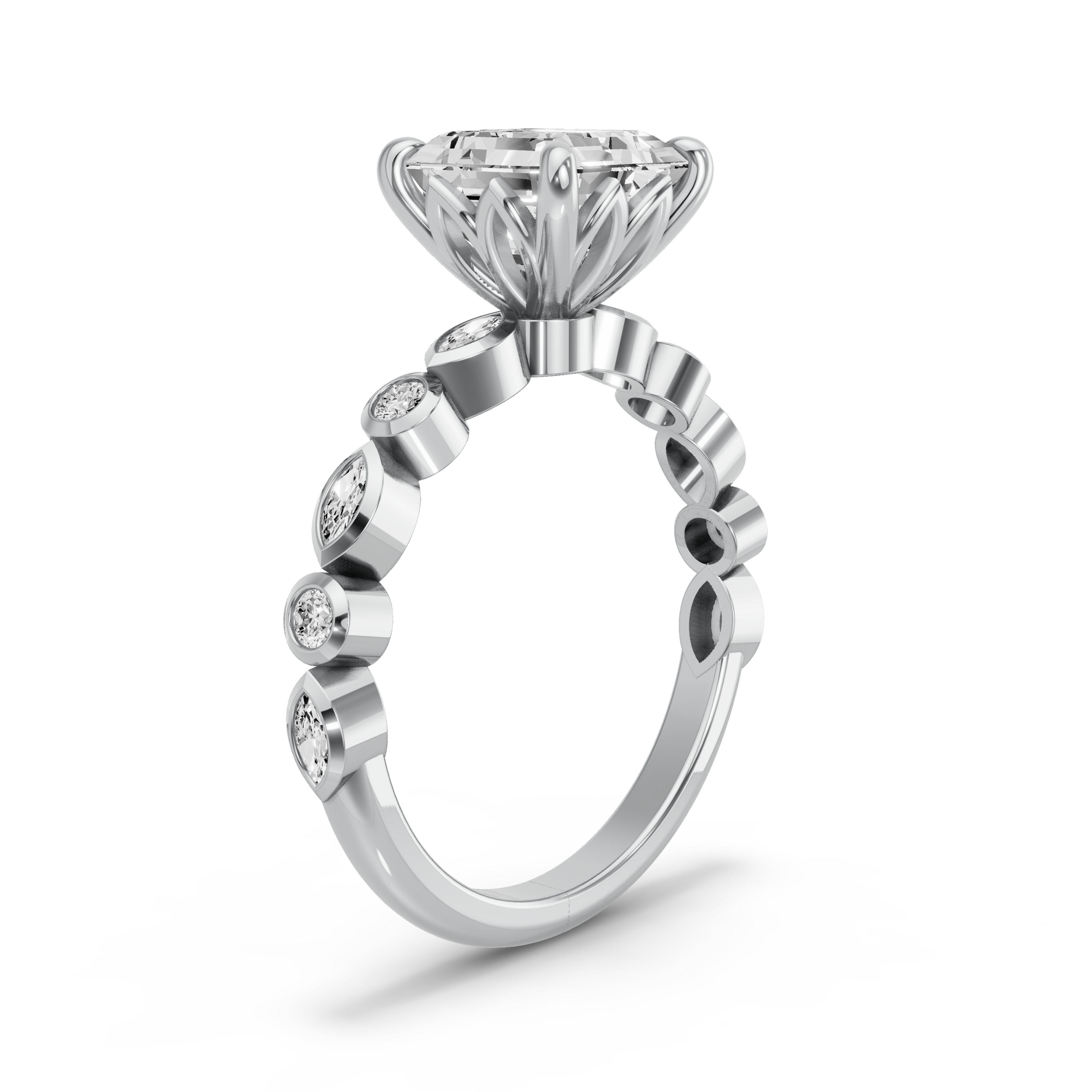 Image for Asscher Lotus Basket Ring with Alternating Baguette band in 950 Platinum