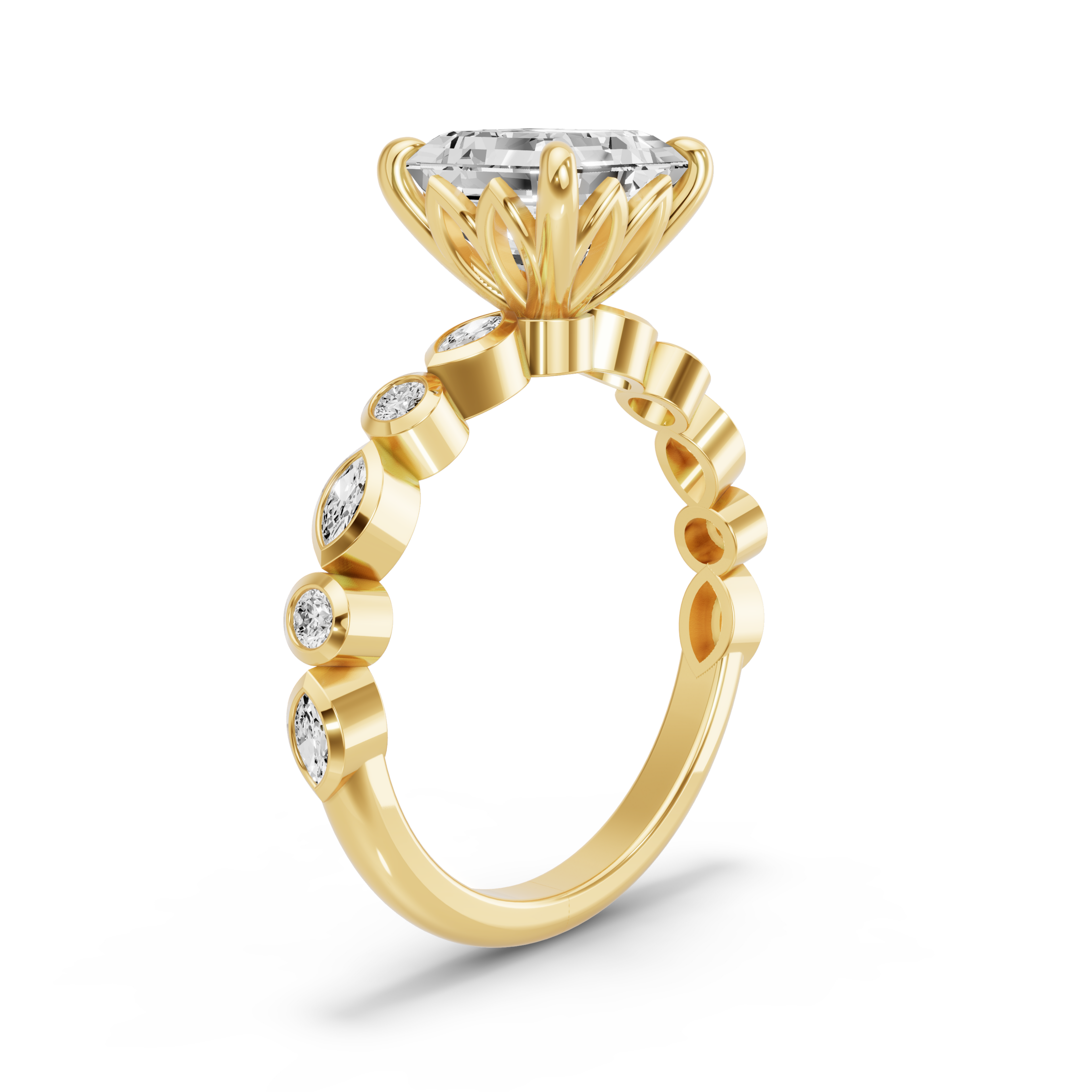 Image for Asscher Lotus Basket Ring with Alternating Marquise band in 18K White Gold