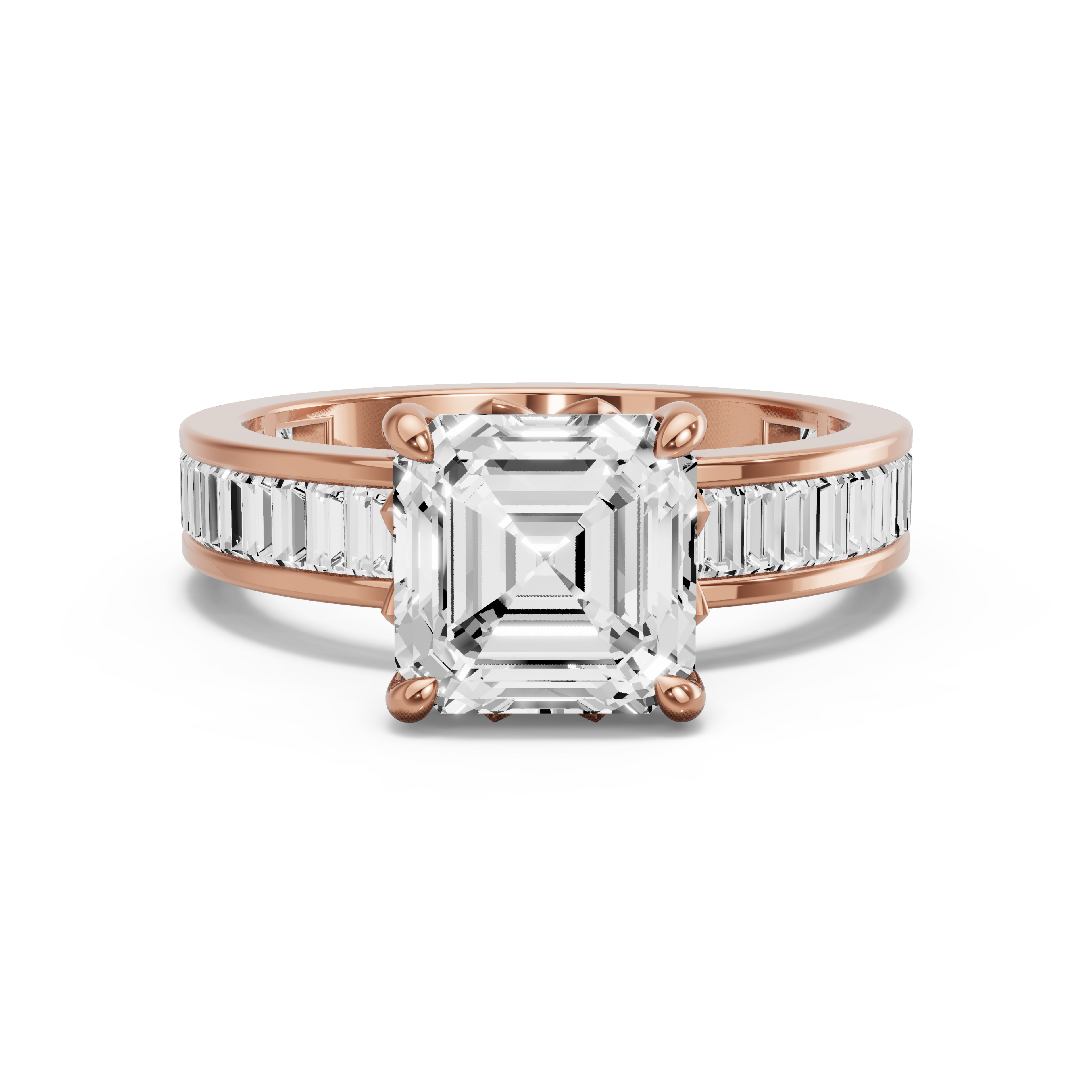 Image for Asscher Lotus Basket Ring with Baguette Channel band in 14K Yellow Gold