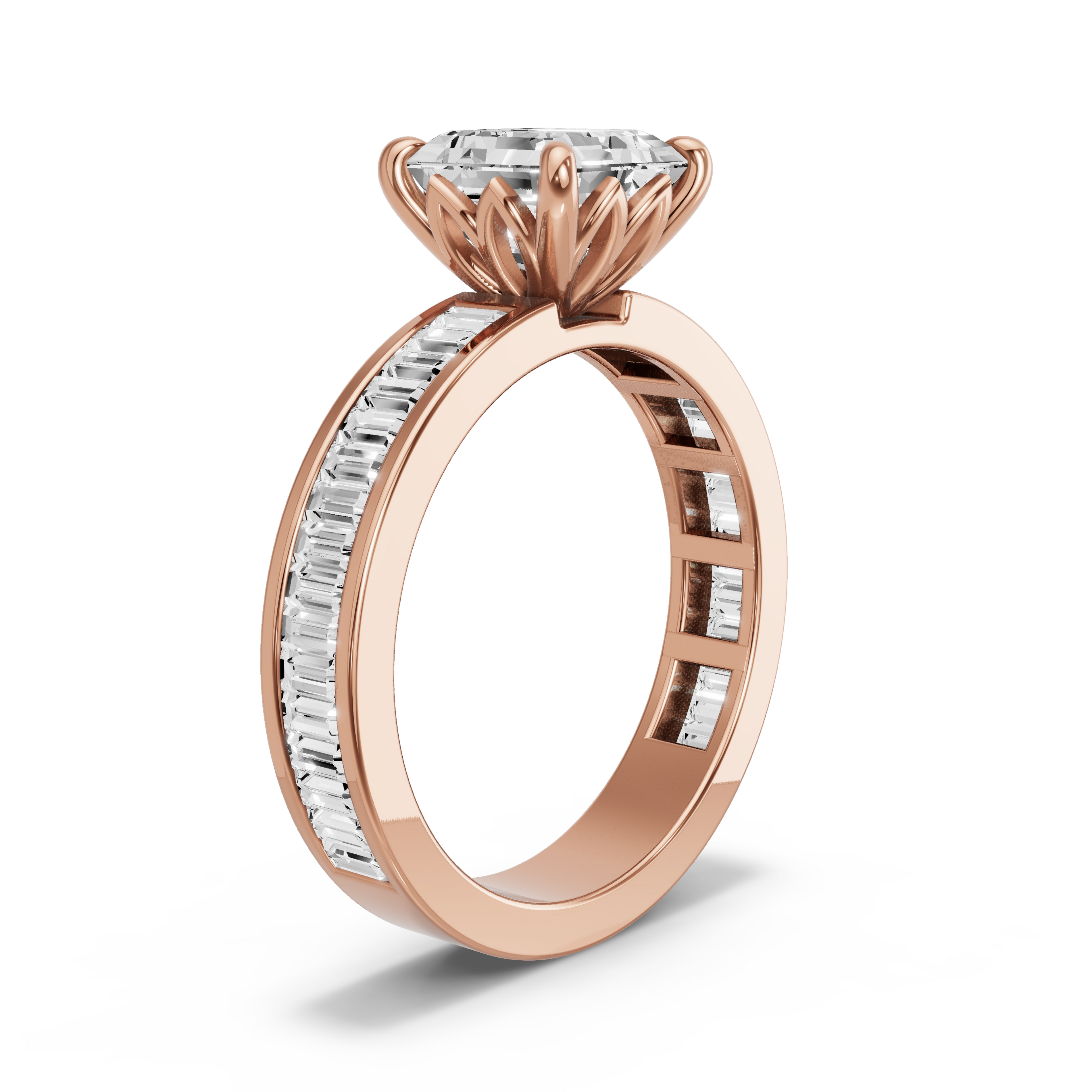 Image for Asscher Lotus Basket Ring with Baguette Channel band in 10K Yellow Gold