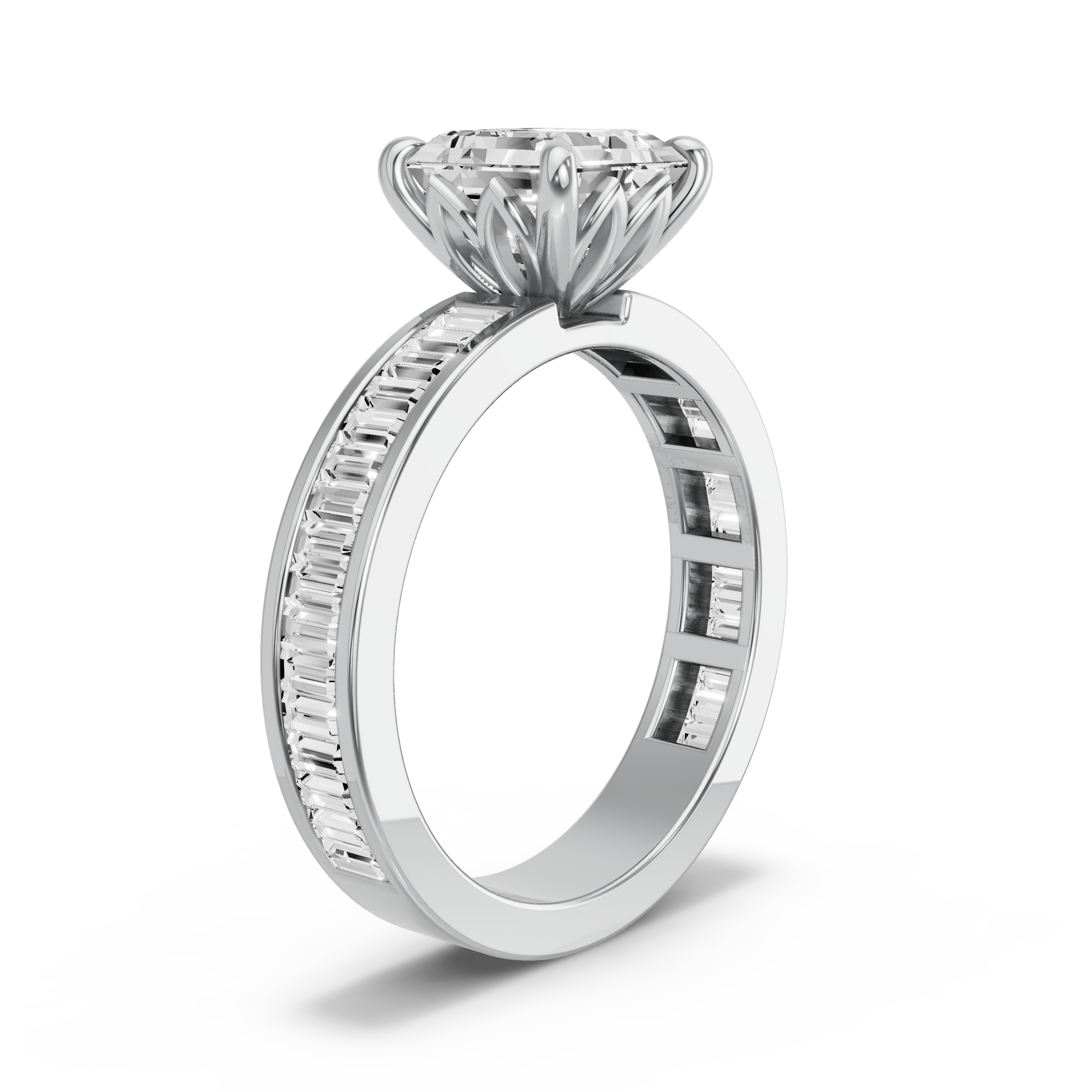Image for Asscher Lotus Basket Ring with Baguette Channel band in 10K Two Tone Rose Gold