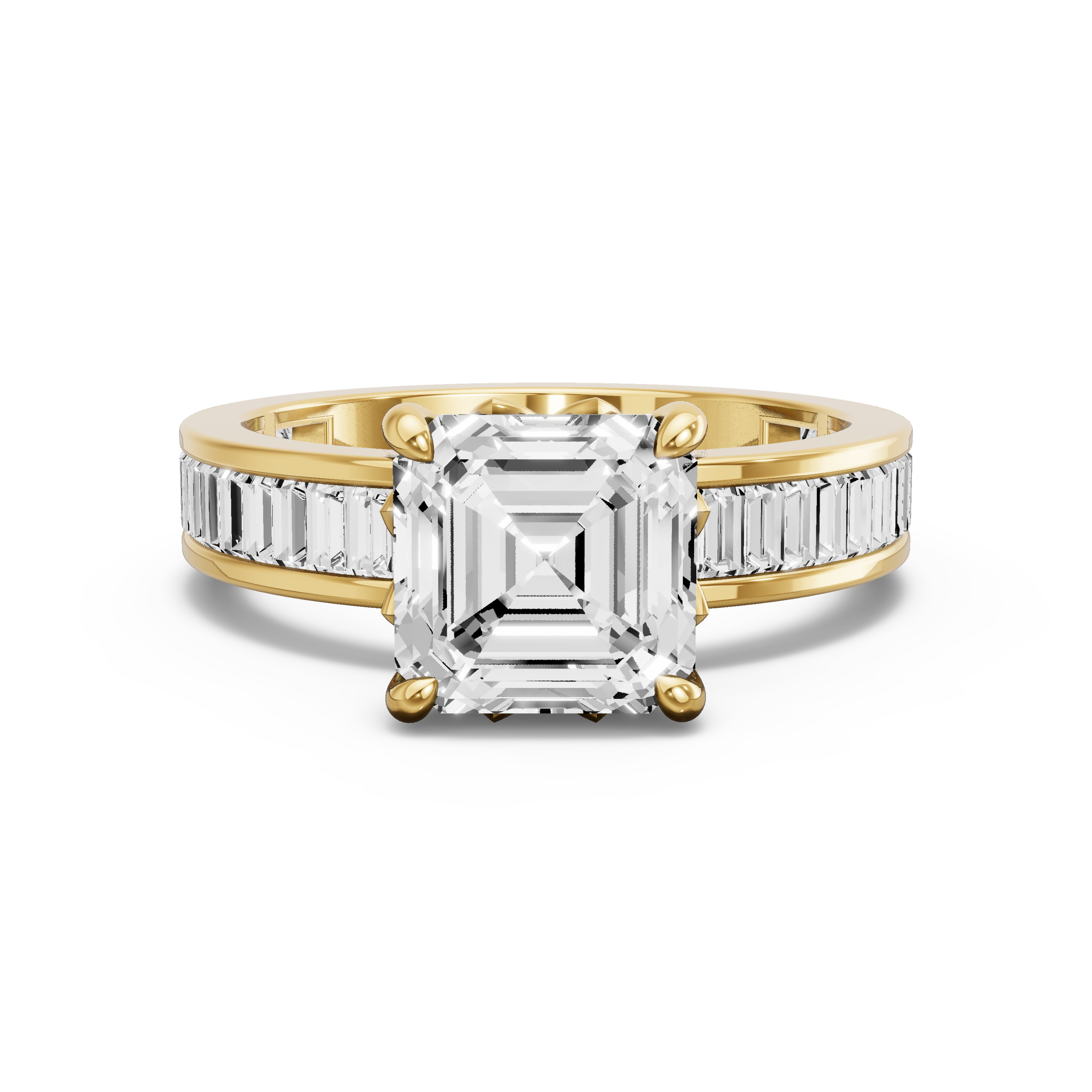 Image for Asscher Lotus Basket Ring with Baguette Channel band in 10K White Gold
