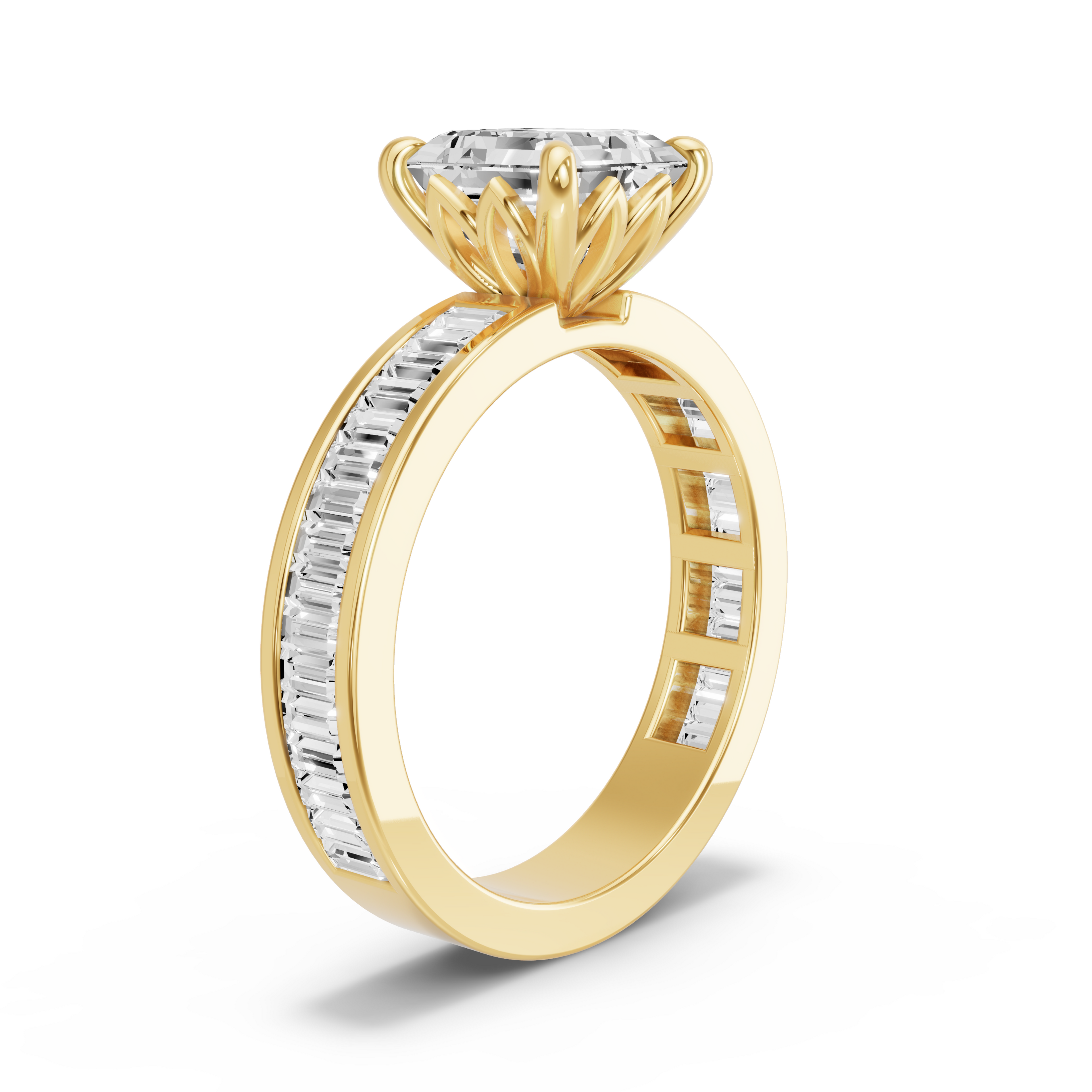 Image for Asscher Lotus Basket Ring with Baguette Channel band in 18K White Gold