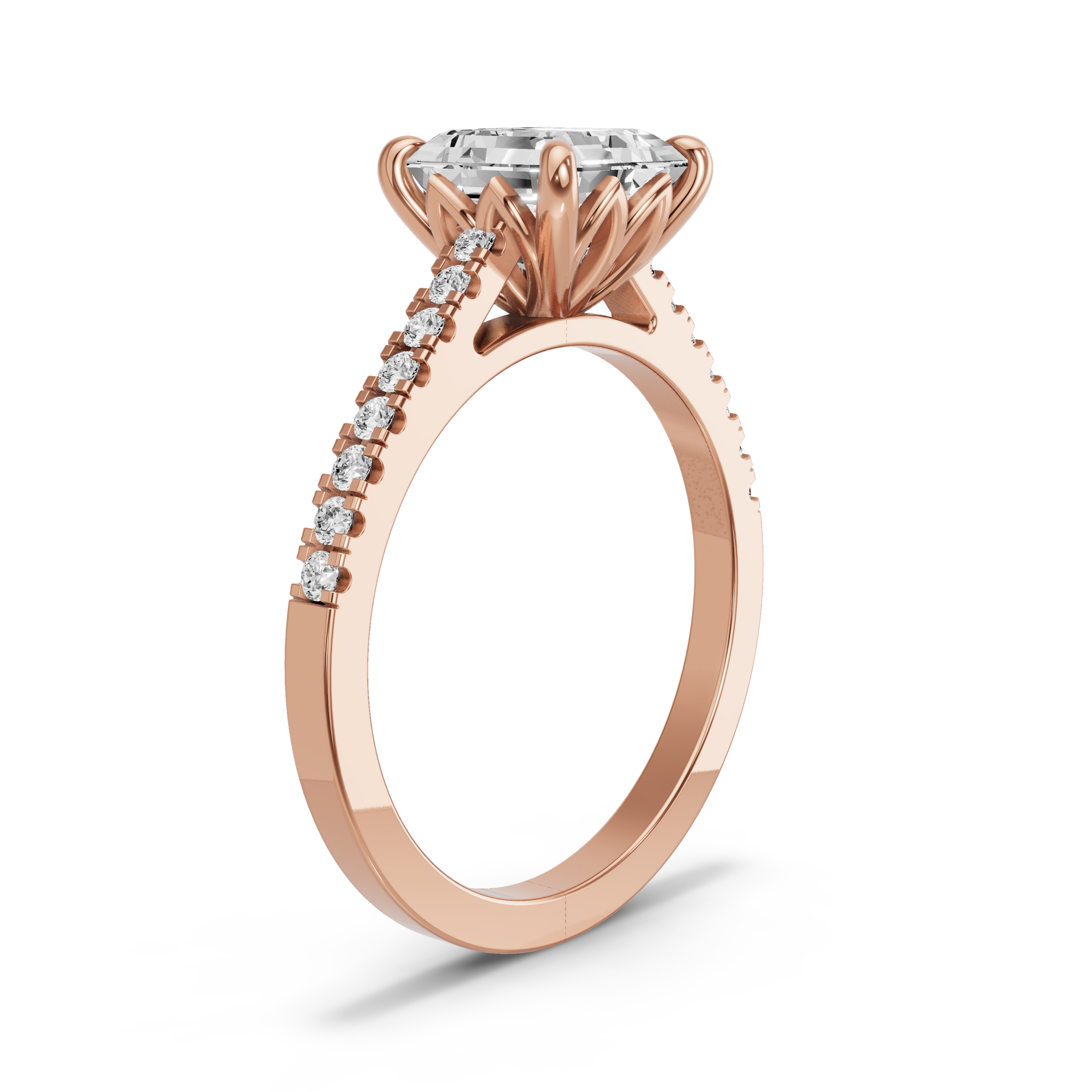 Image for Asscher Lotus Basket Ring with Cathedral Pave band in 18K Yellow Gold