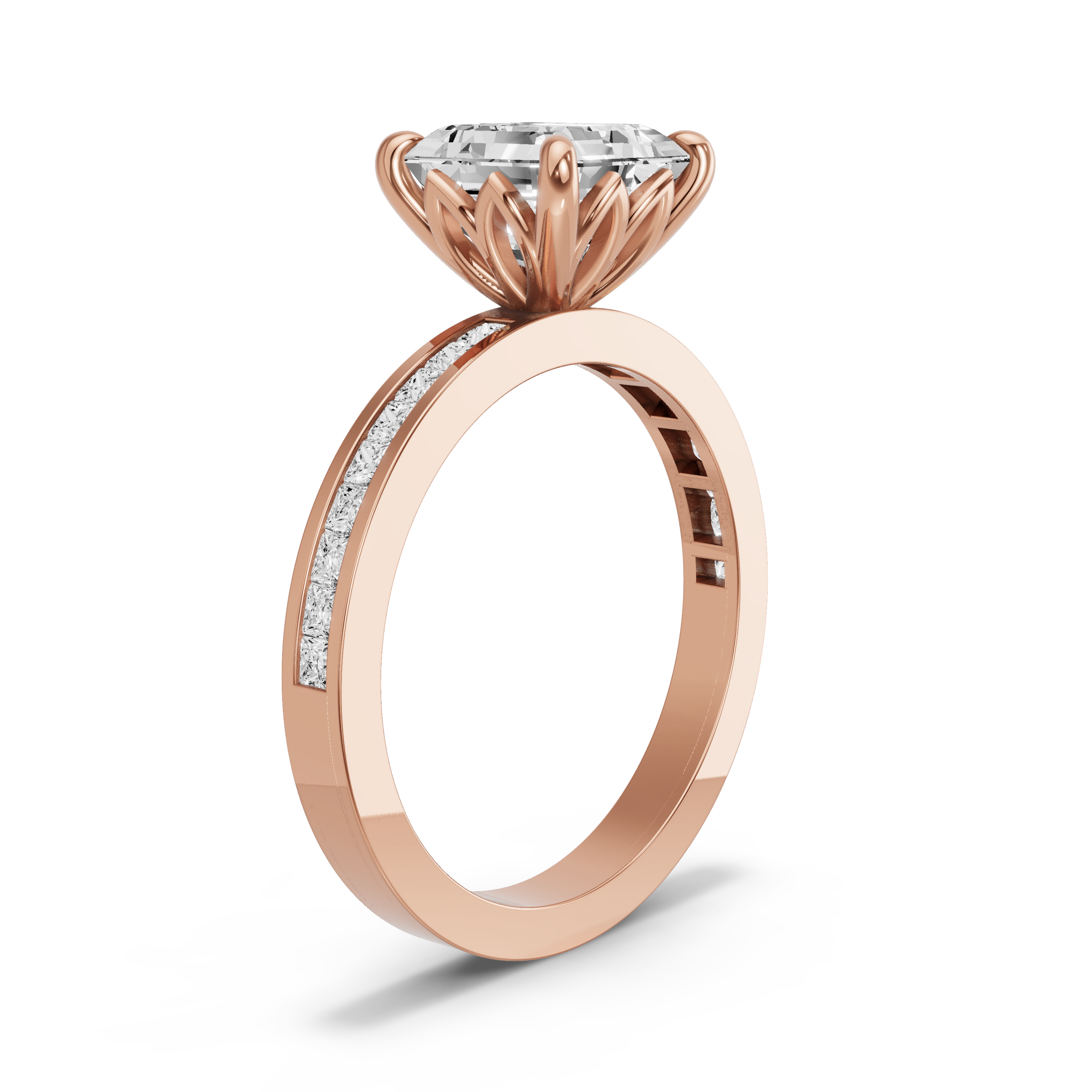 Image for Asscher Lotus Basket Ring with Channel band in 18K Yellow Gold