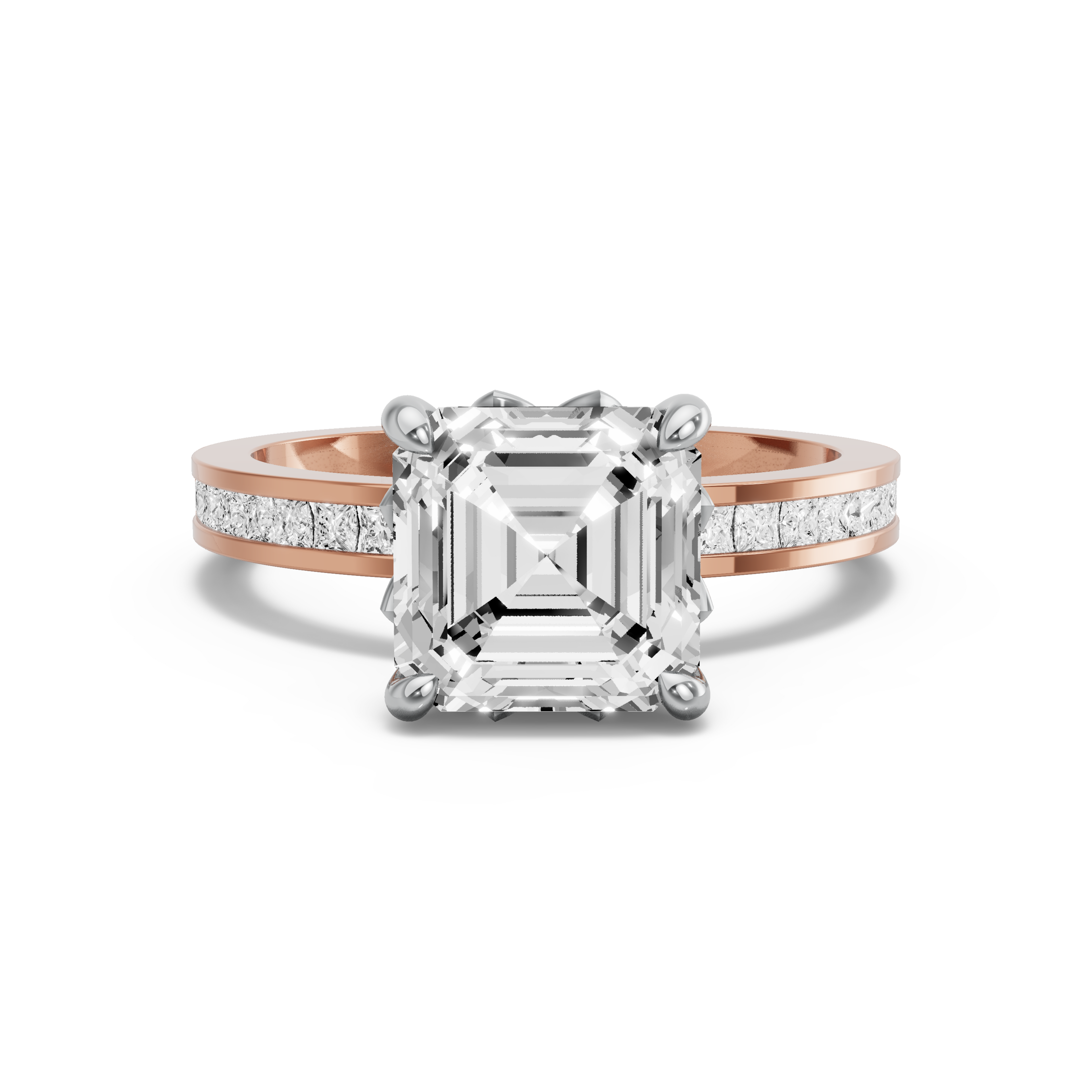 Image for Asscher Lotus Basket Ring with Channel band in 14K Two Tone Rose Gold