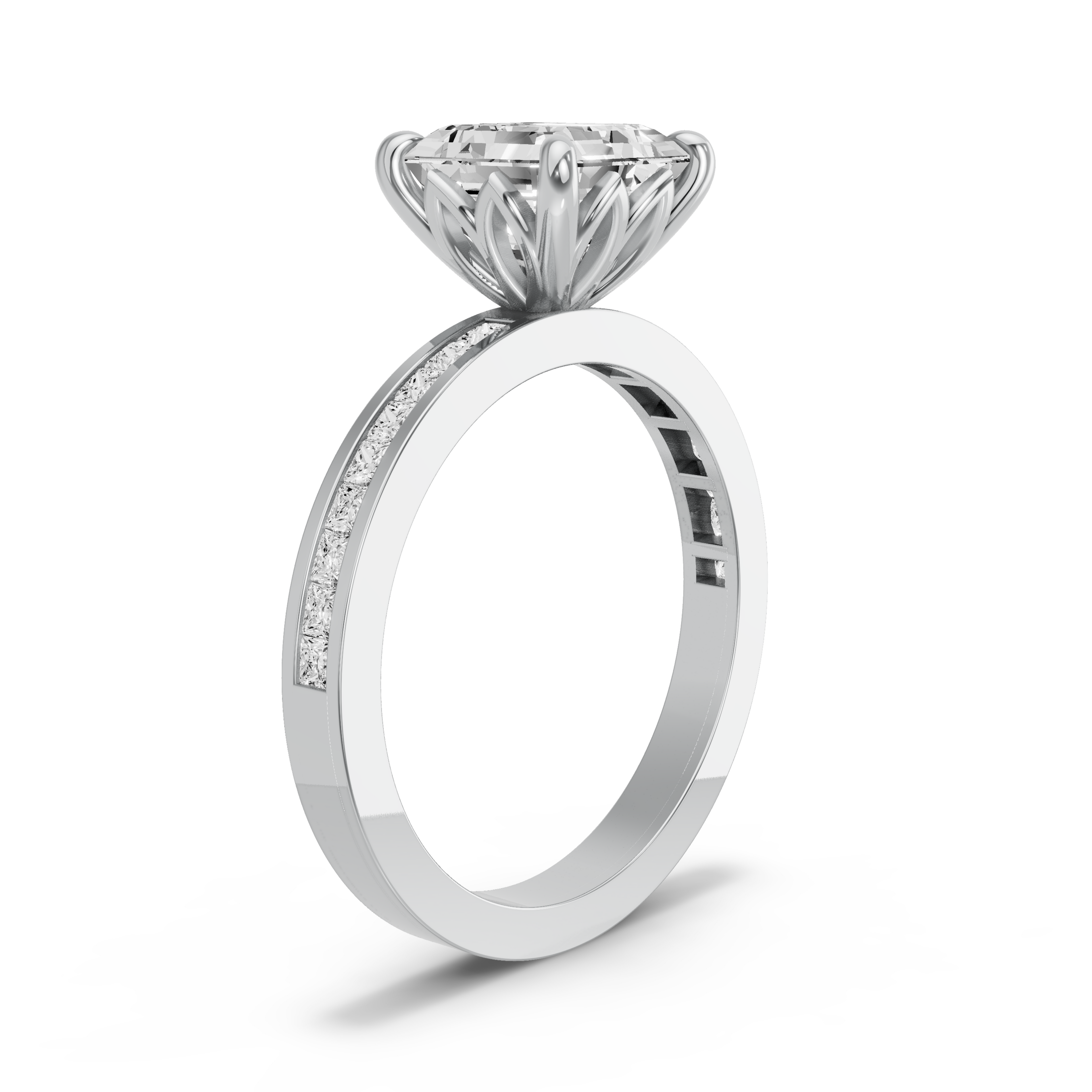 Image for Asscher Lotus Basket Ring with Cathedral Pave band in 950 Platinum