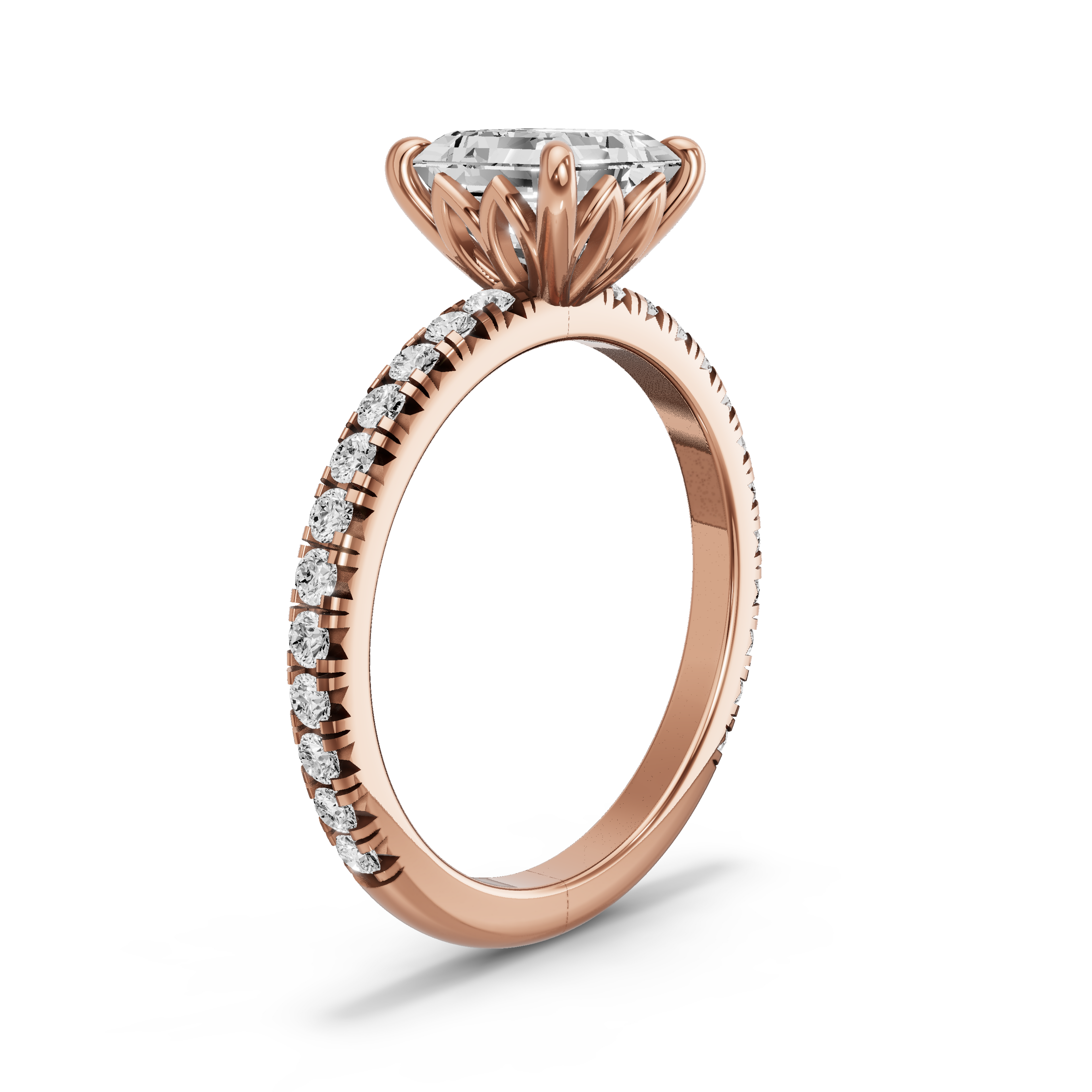 Image for Asscher Lotus Basket Ring with French Pave band in 10K Yellow Gold