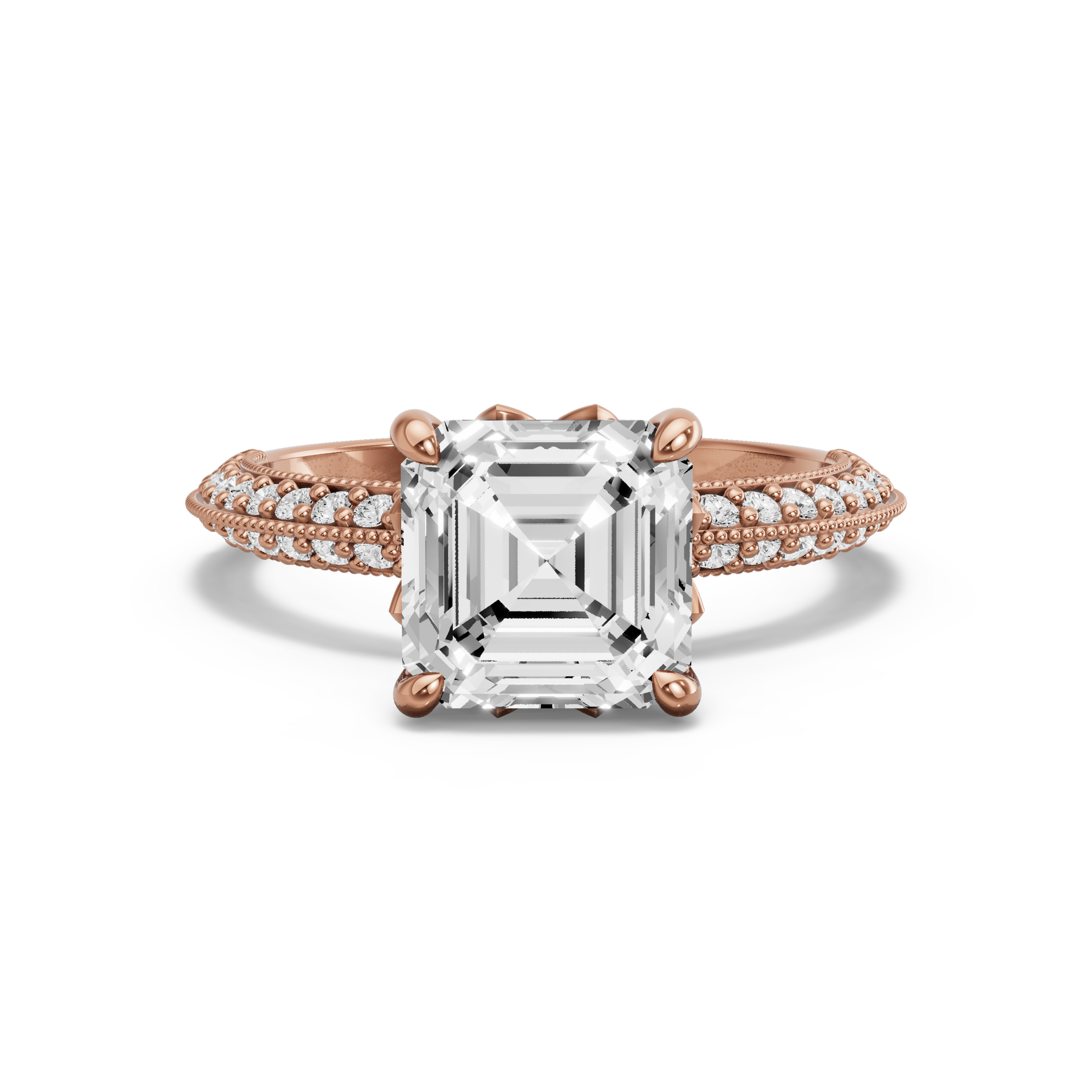 Image for Asscher Lotus Basket Ring with Knife Edge Pave band in 10K Yellow Gold