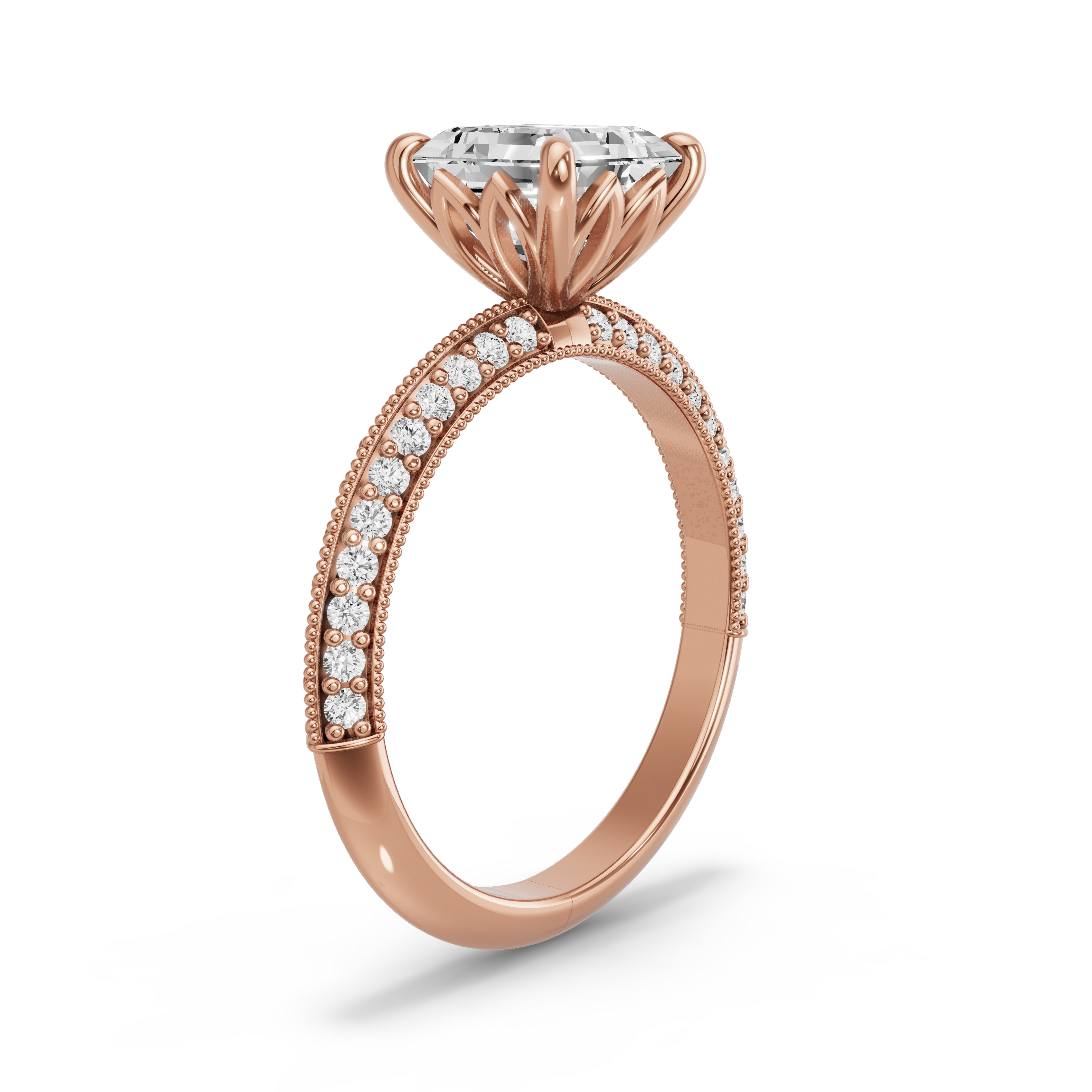 Image for Asscher Lotus Basket Ring with Knife Edge Pave band in 18K Yellow Gold