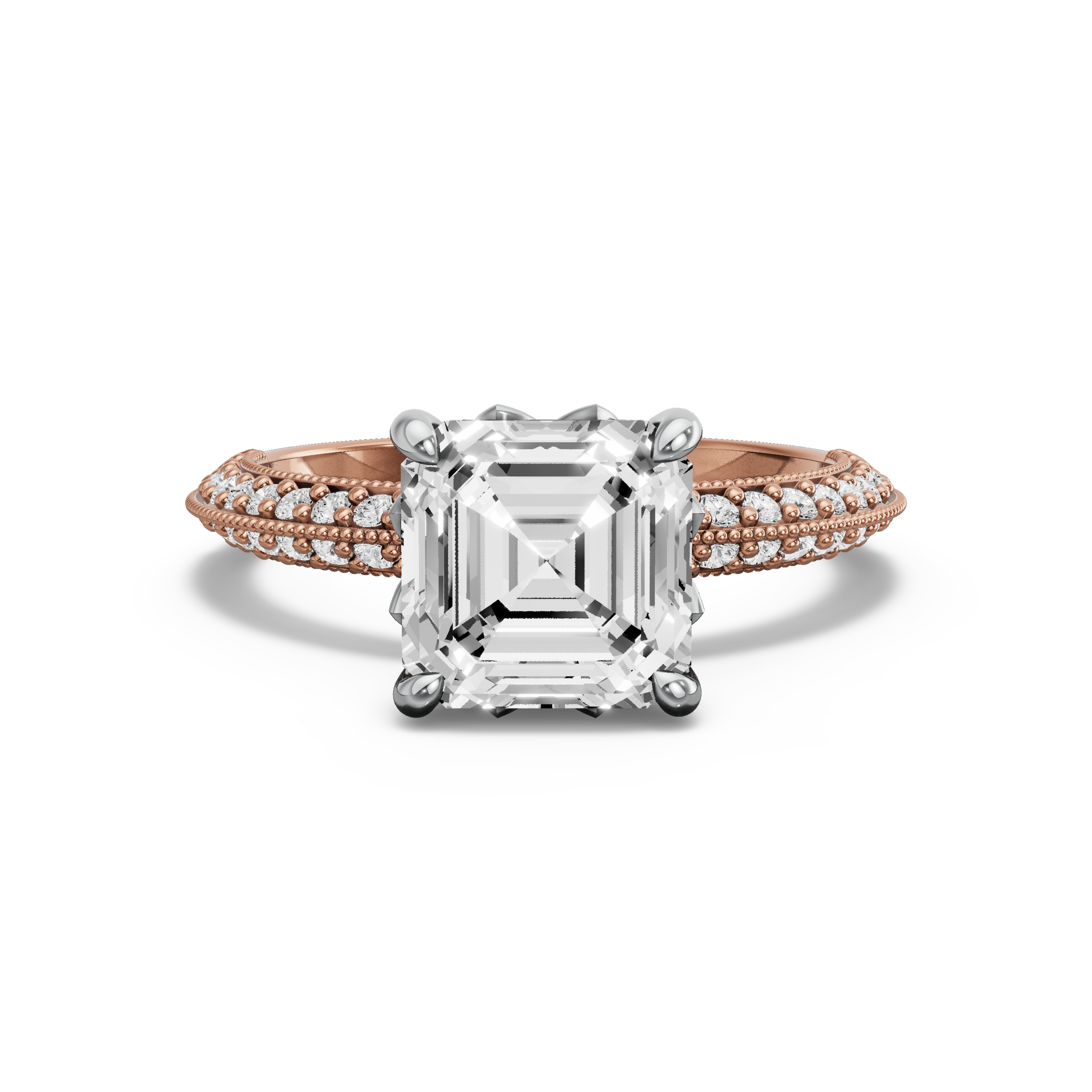 Image for Asscher Lotus Basket Ring with Knife Edge Pave band in 14K Two Tone Yellow Gold
