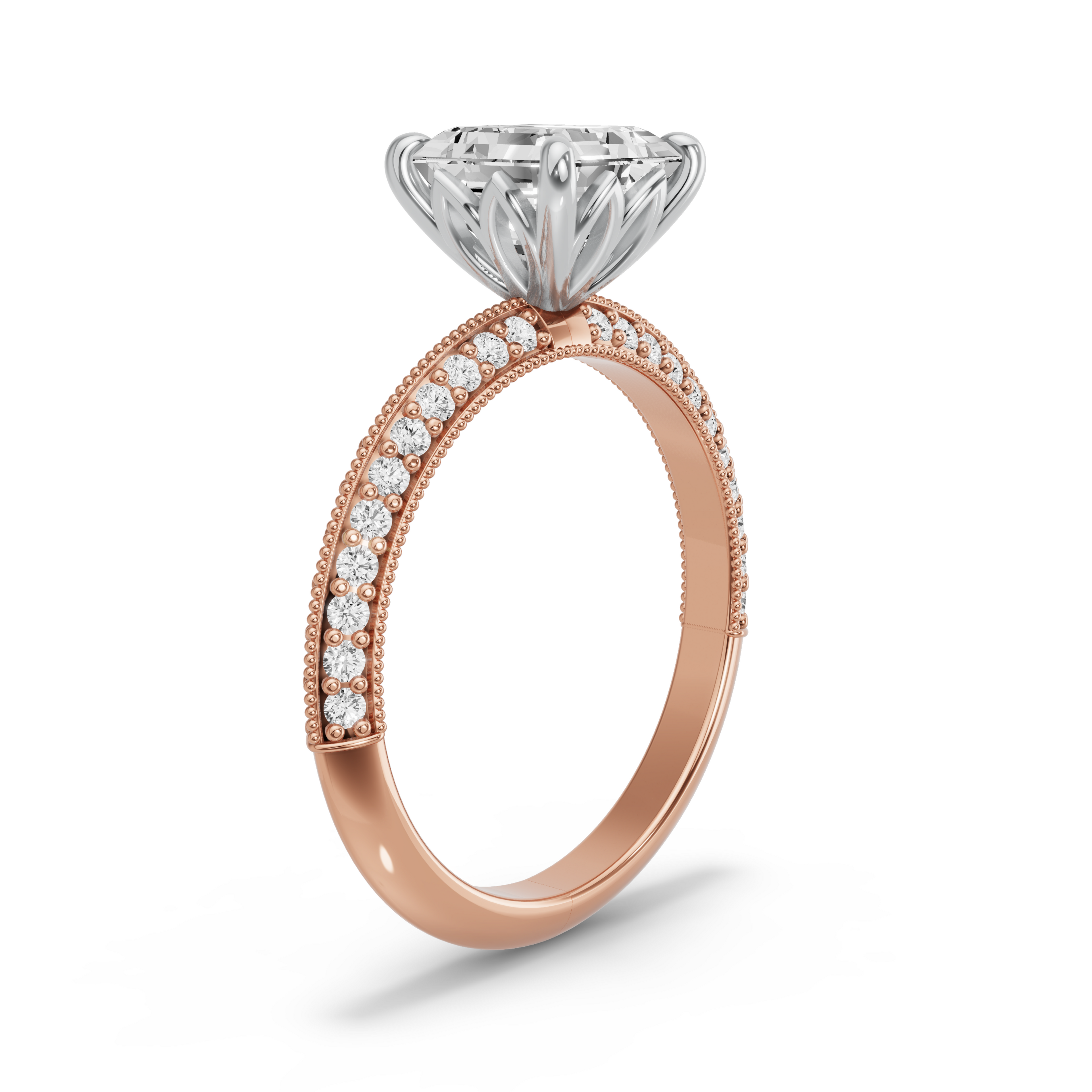Image for Asscher Lotus Basket Ring with Knife Edge Pave band in 14K Two Tone Yellow Gold