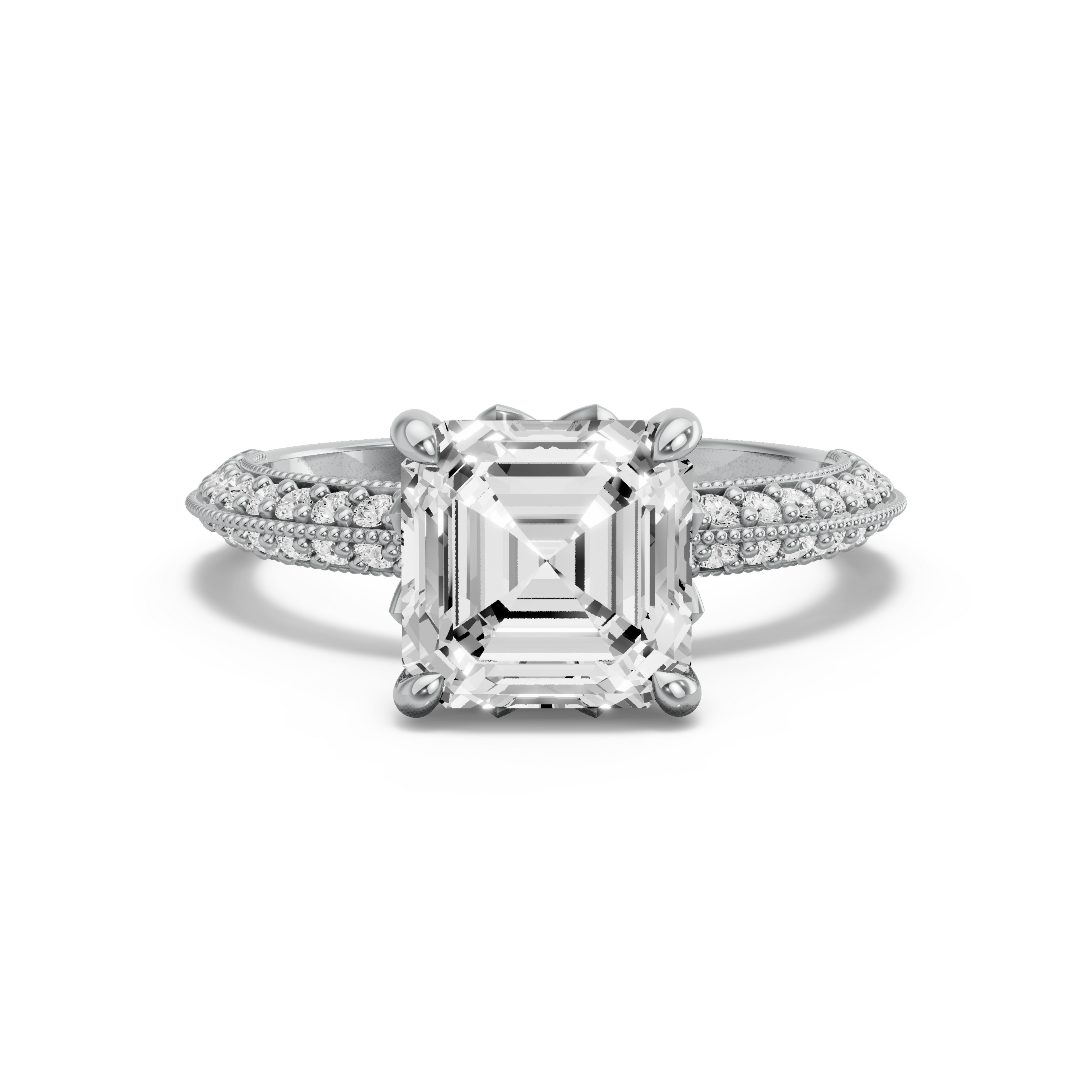Image for Asscher Lotus Basket Ring with Knife Edge Pave band in 14K Two Tone Rose Gold