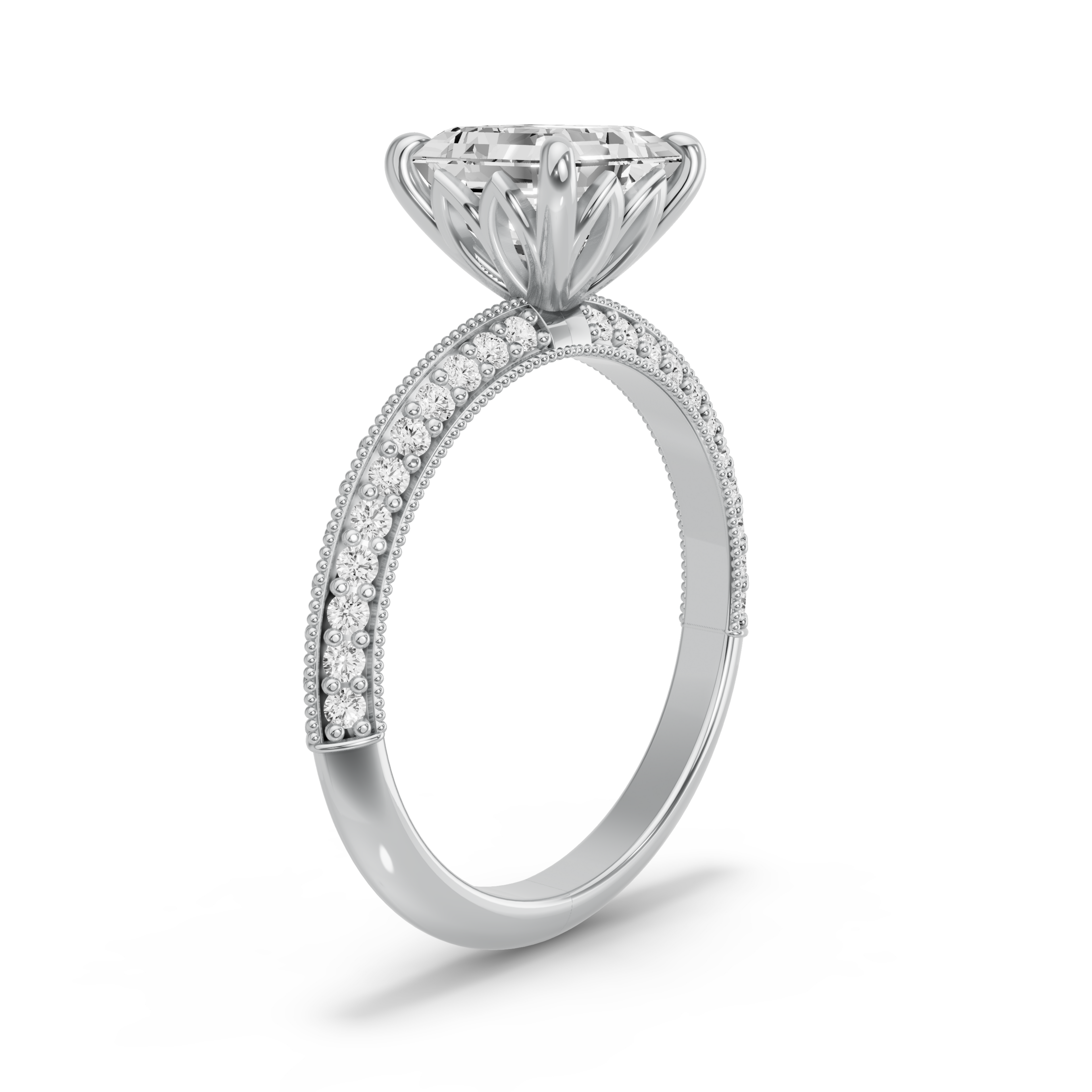 Image for Asscher Lotus Basket Ring with Knife Edge Pave band in 14K Two Tone Rose Gold