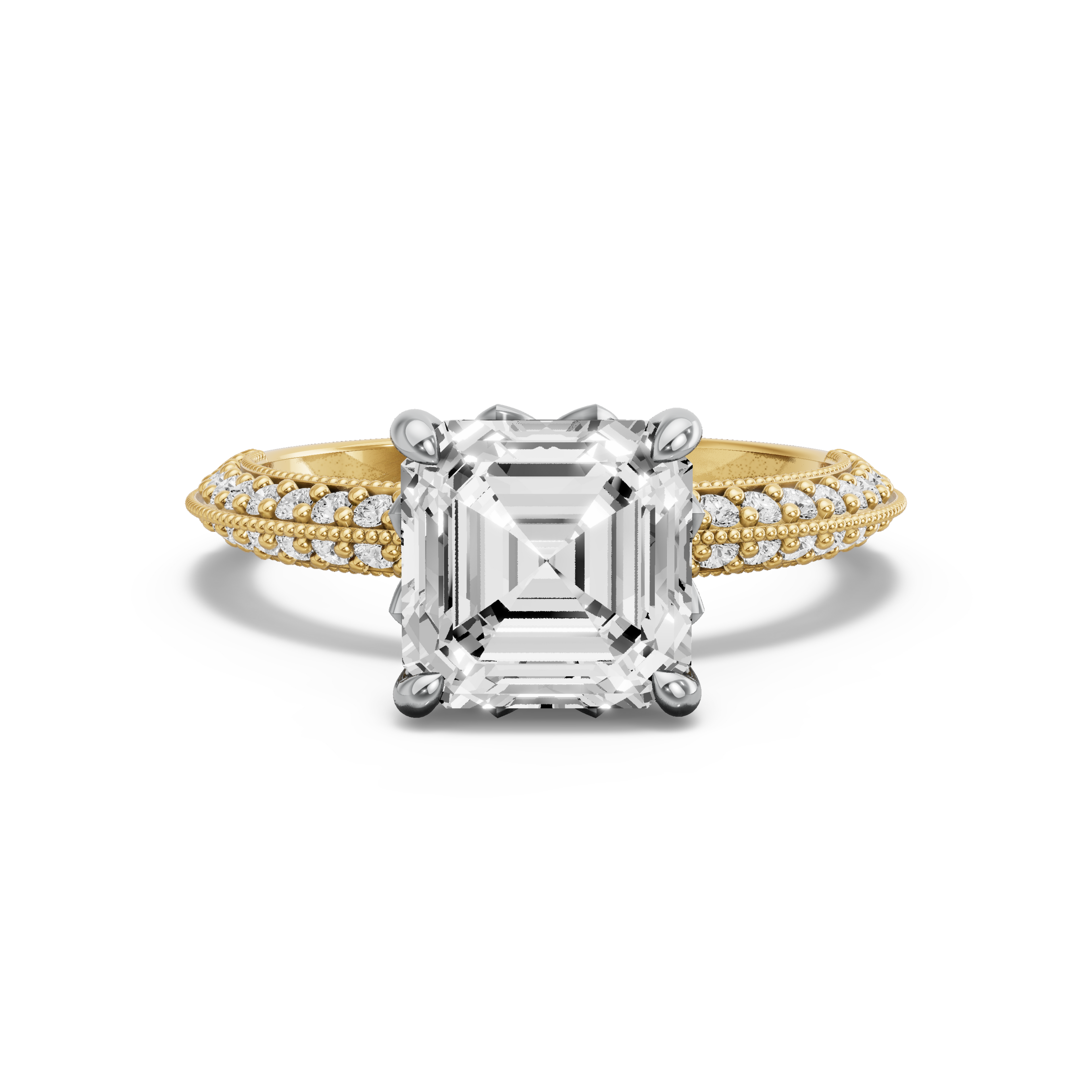 Image for Asscher Lotus Basket Ring with Knife Edge Pave band in 14K Rose Gold
