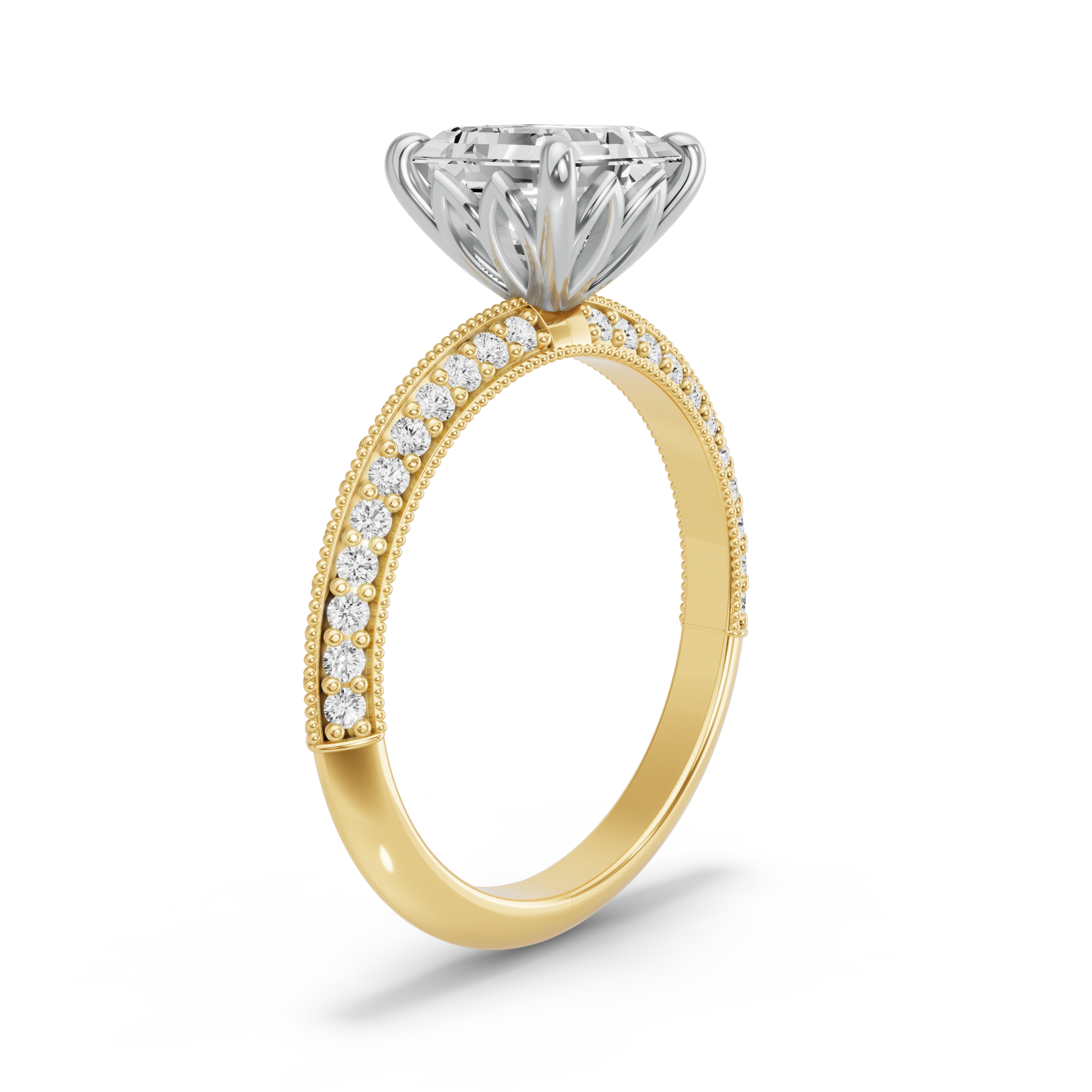 Image for Asscher Lotus Basket Ring with Knife Edge Pave band in 14K Rose Gold