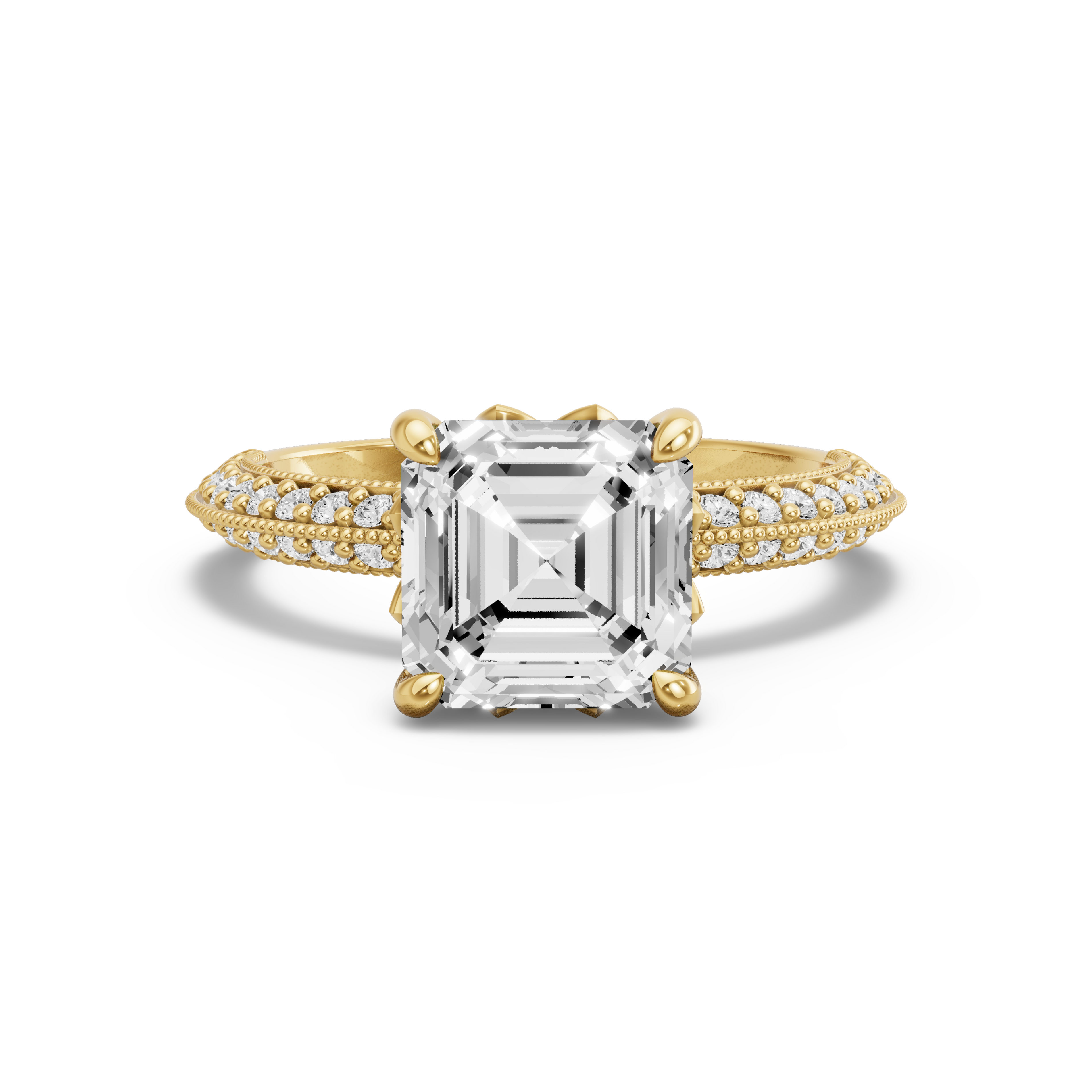 Image for Asscher Lotus Basket Ring with Knife Edge Pave band in 18K White Gold