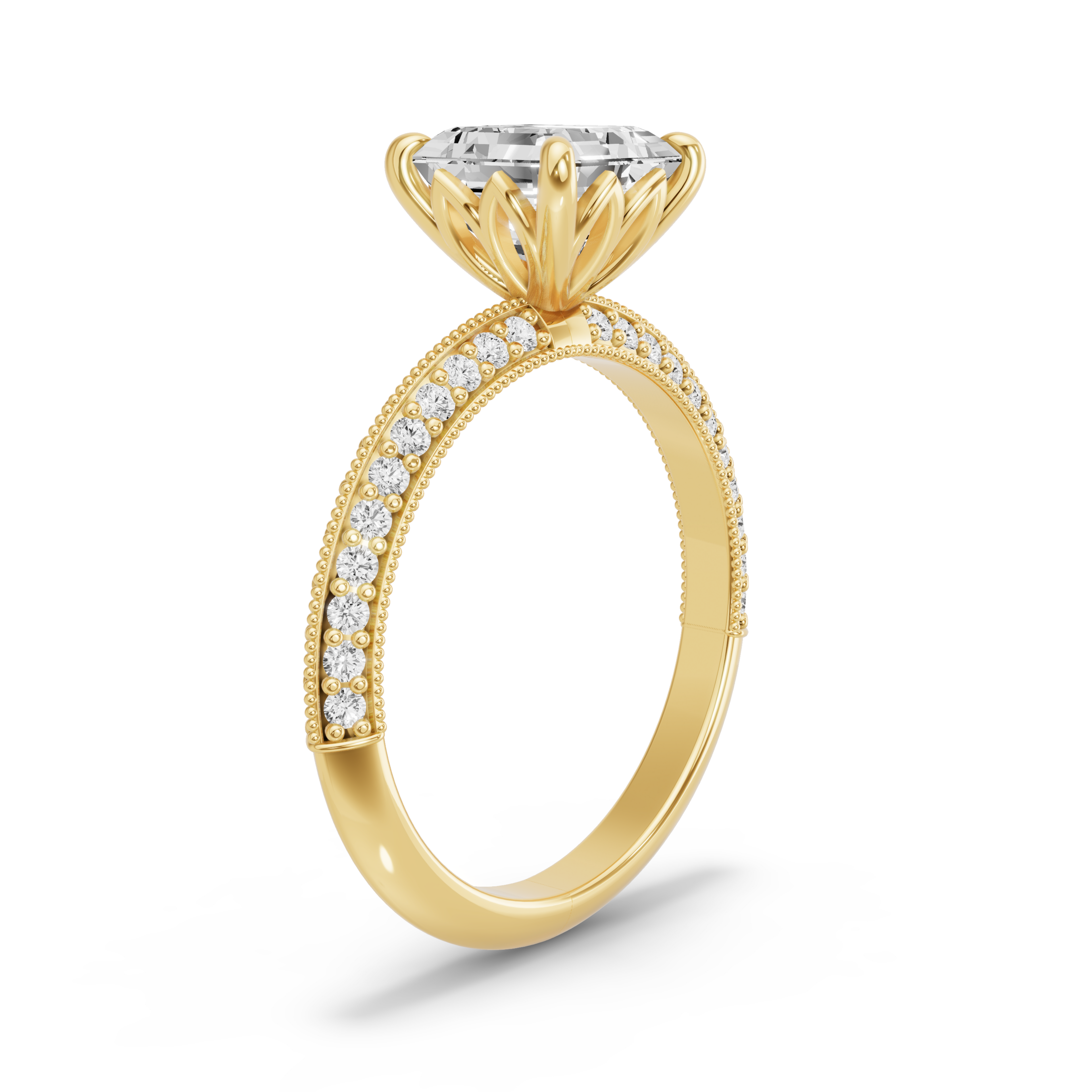 Image for Asscher Lotus Basket Ring with Knife Edge Pave band in 14K White Gold