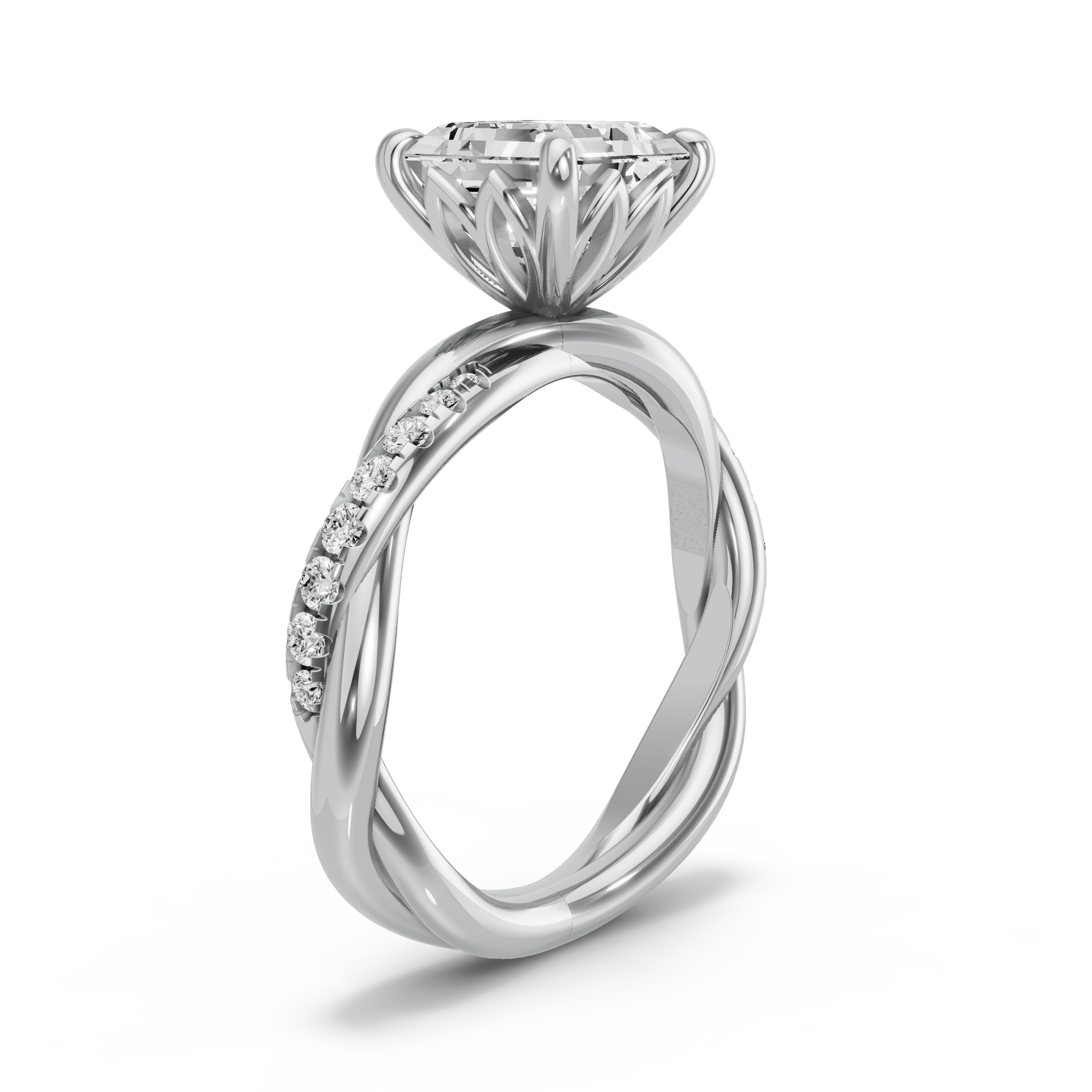 Image for Asscher Lotus Basket Ring with Rope Pave band in 18K Two Tone Rose Gold
