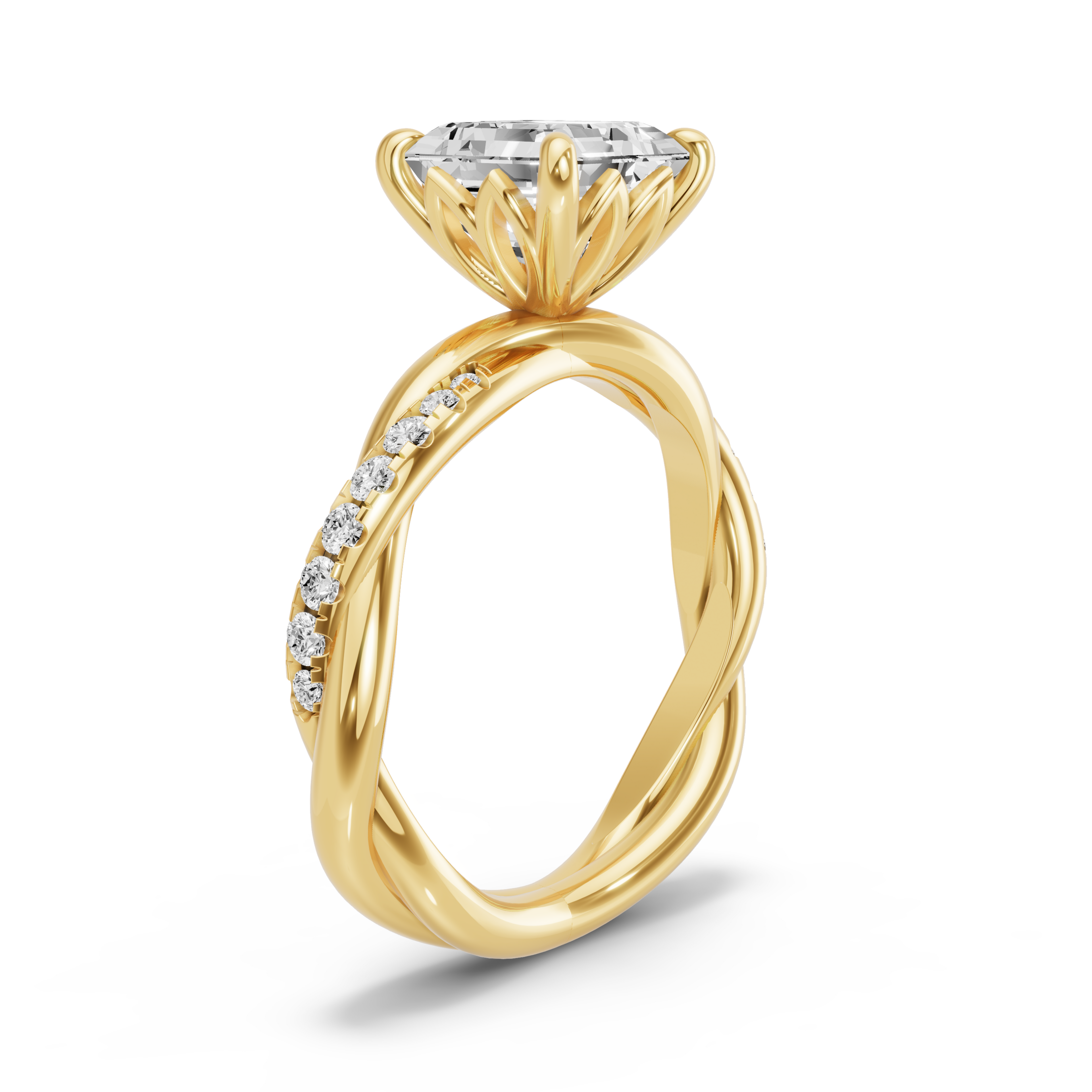 Image for Asscher Lotus Basket Ring with Rope Pave band in 14K White Gold