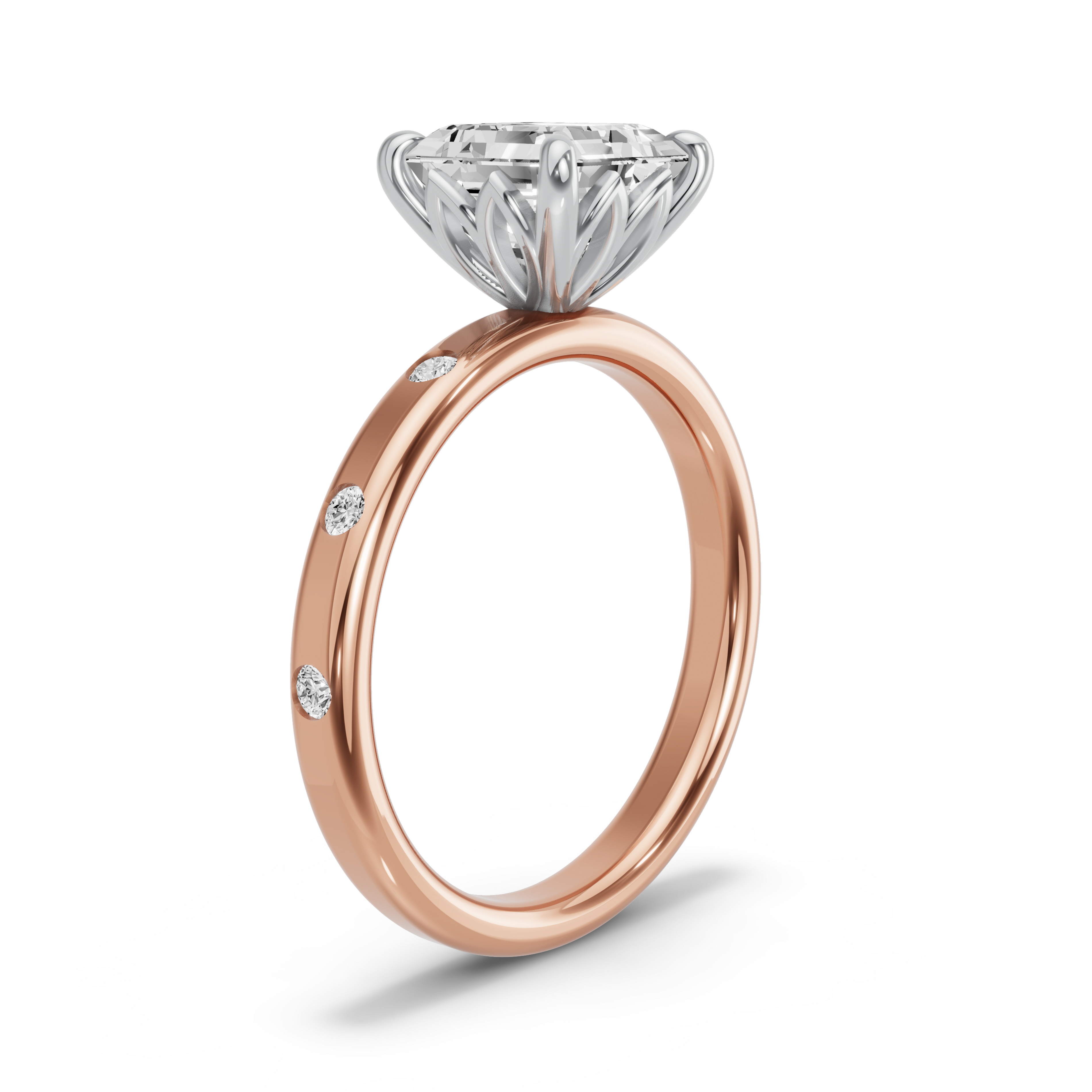 Image for Asscher Lotus Basket Ring with Sleek Accent band in 18K Two Tone Yellow Gold