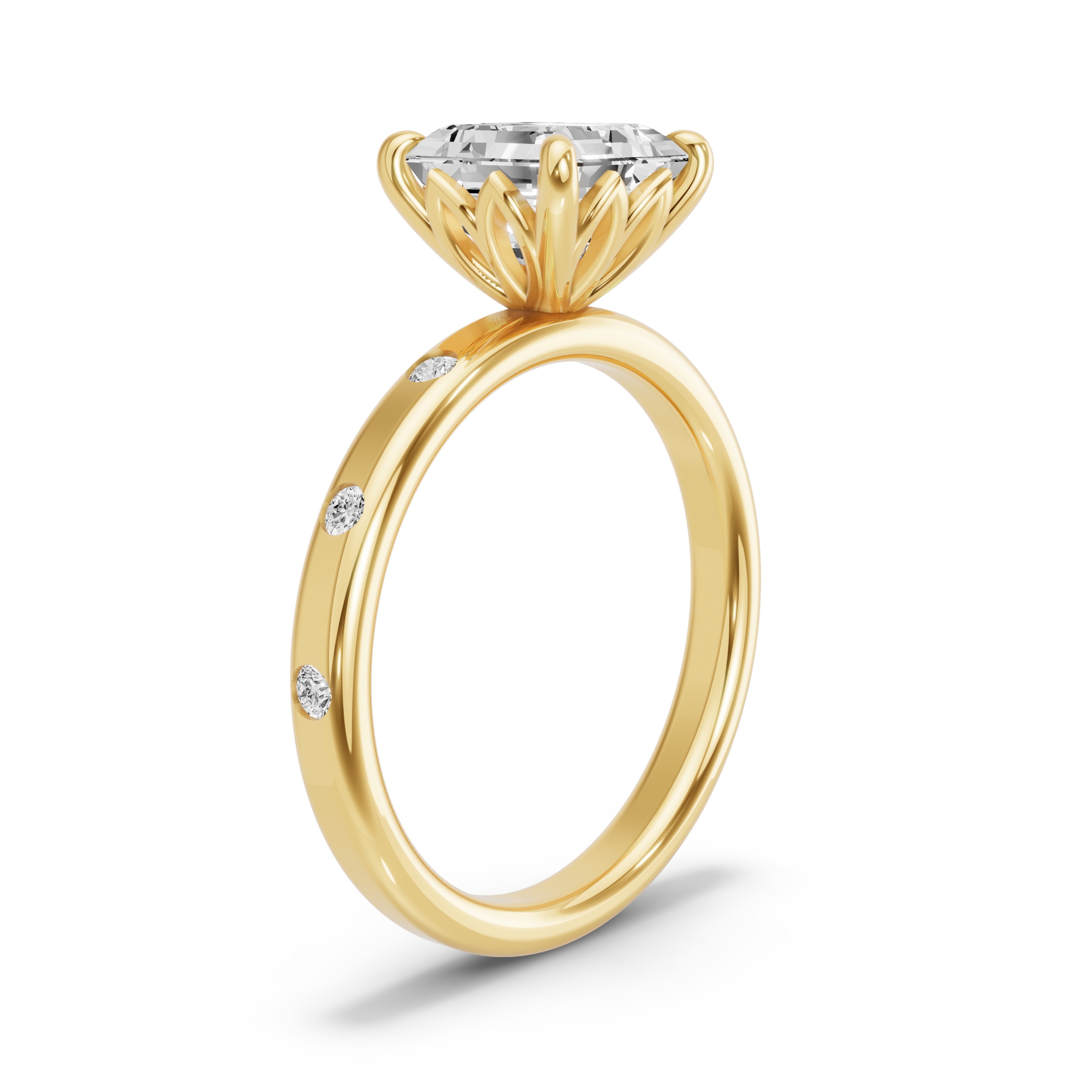 Image for Asscher Lotus Basket Ring with Sleek Accent band in 14K White Gold