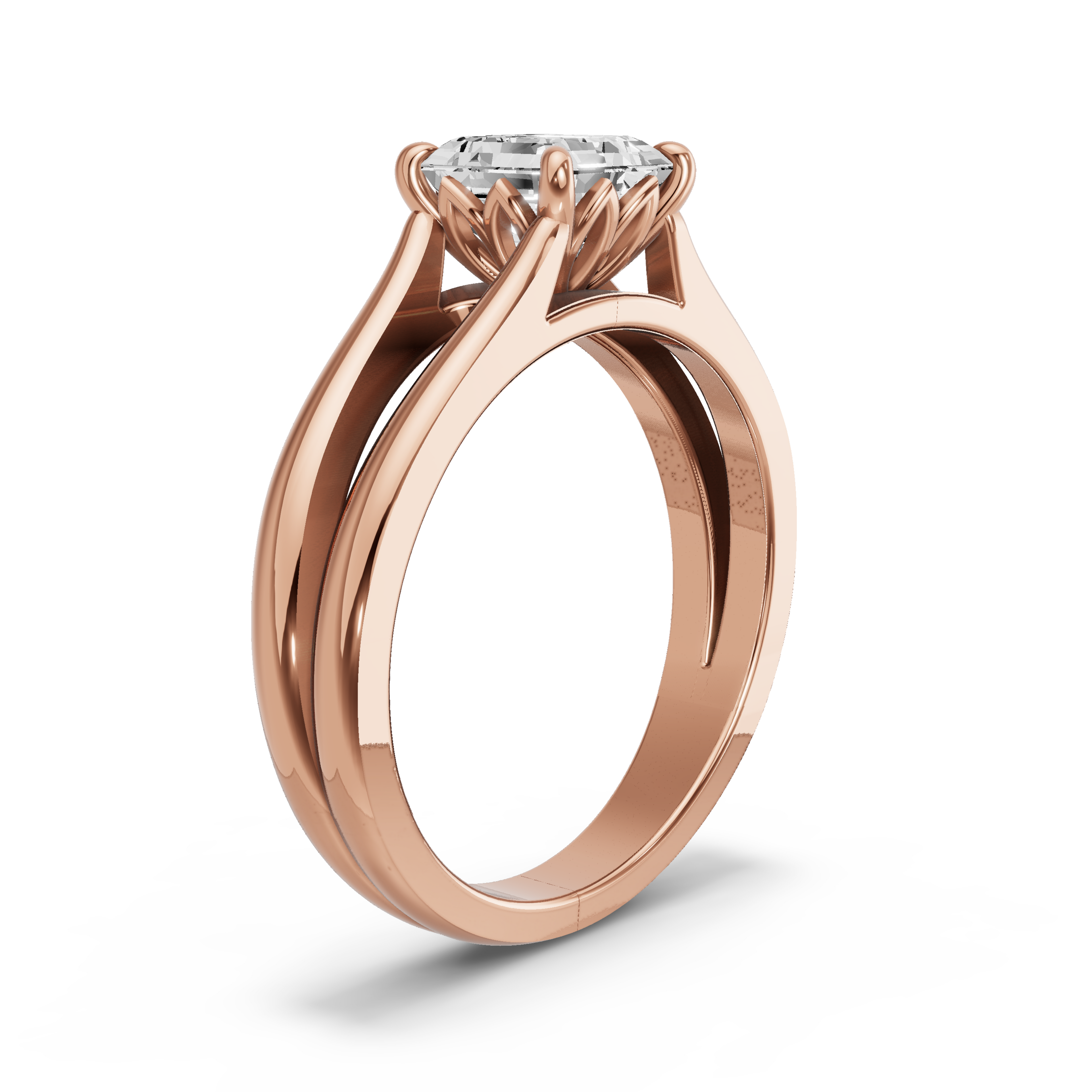 Image for Asscher Lotus Basket Ring with Split Ring Solitaire band in 10K Yellow Gold