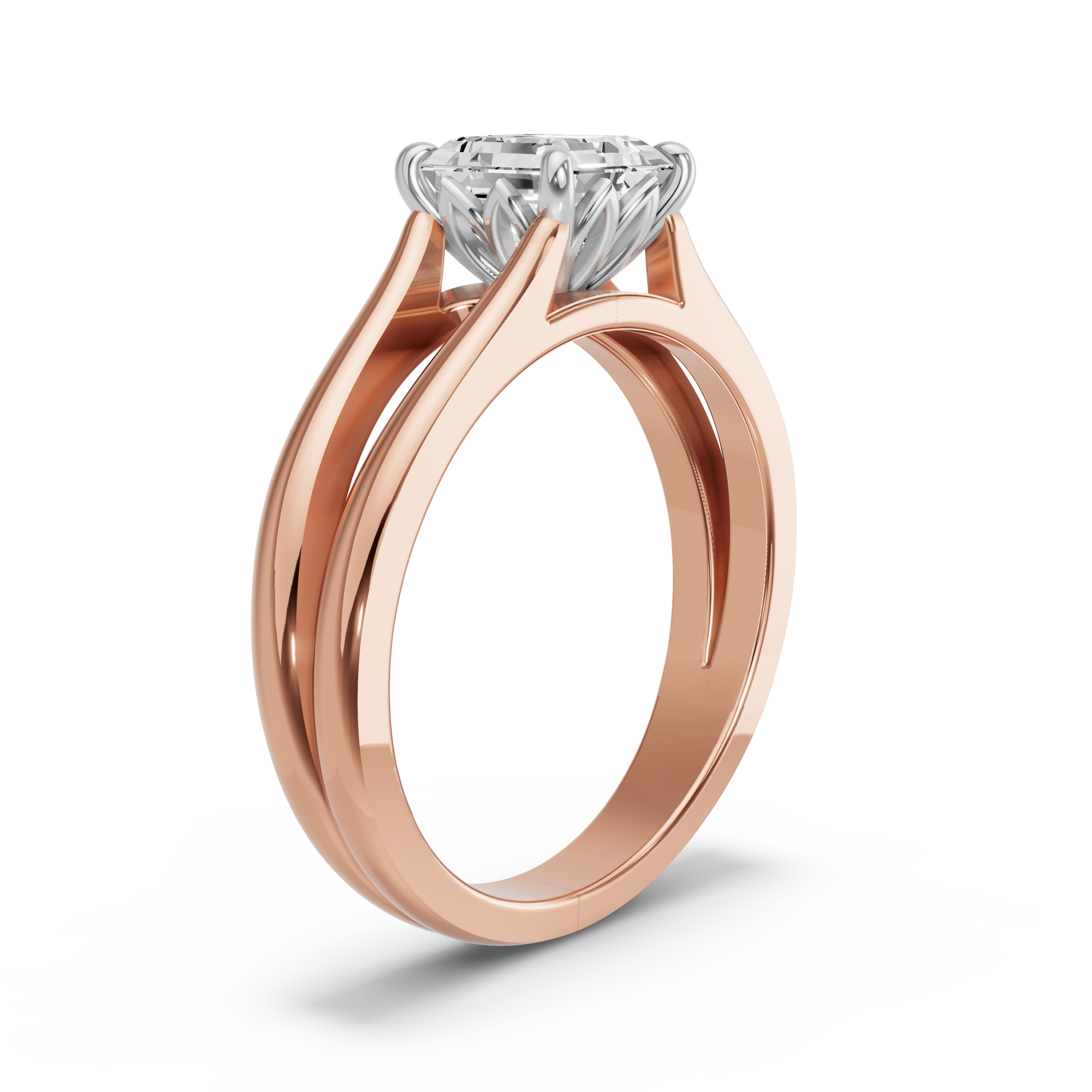 Image for Asscher Lotus Basket Ring with Split Ring Solitaire band in 14K Two Tone Rose Gold