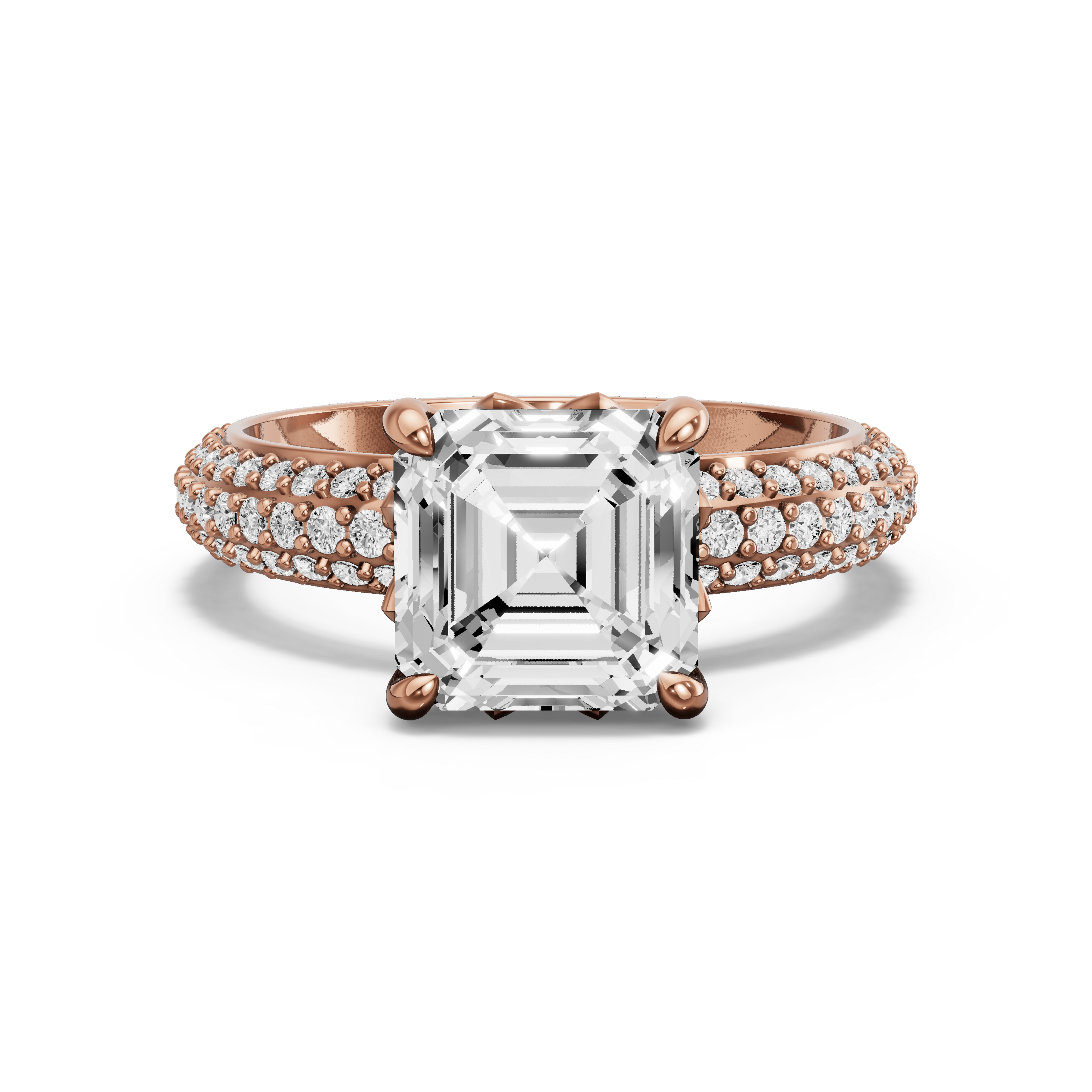 Image for Asscher Lotus Basket Ring with Triple Row Pave band in 18K Yellow Gold