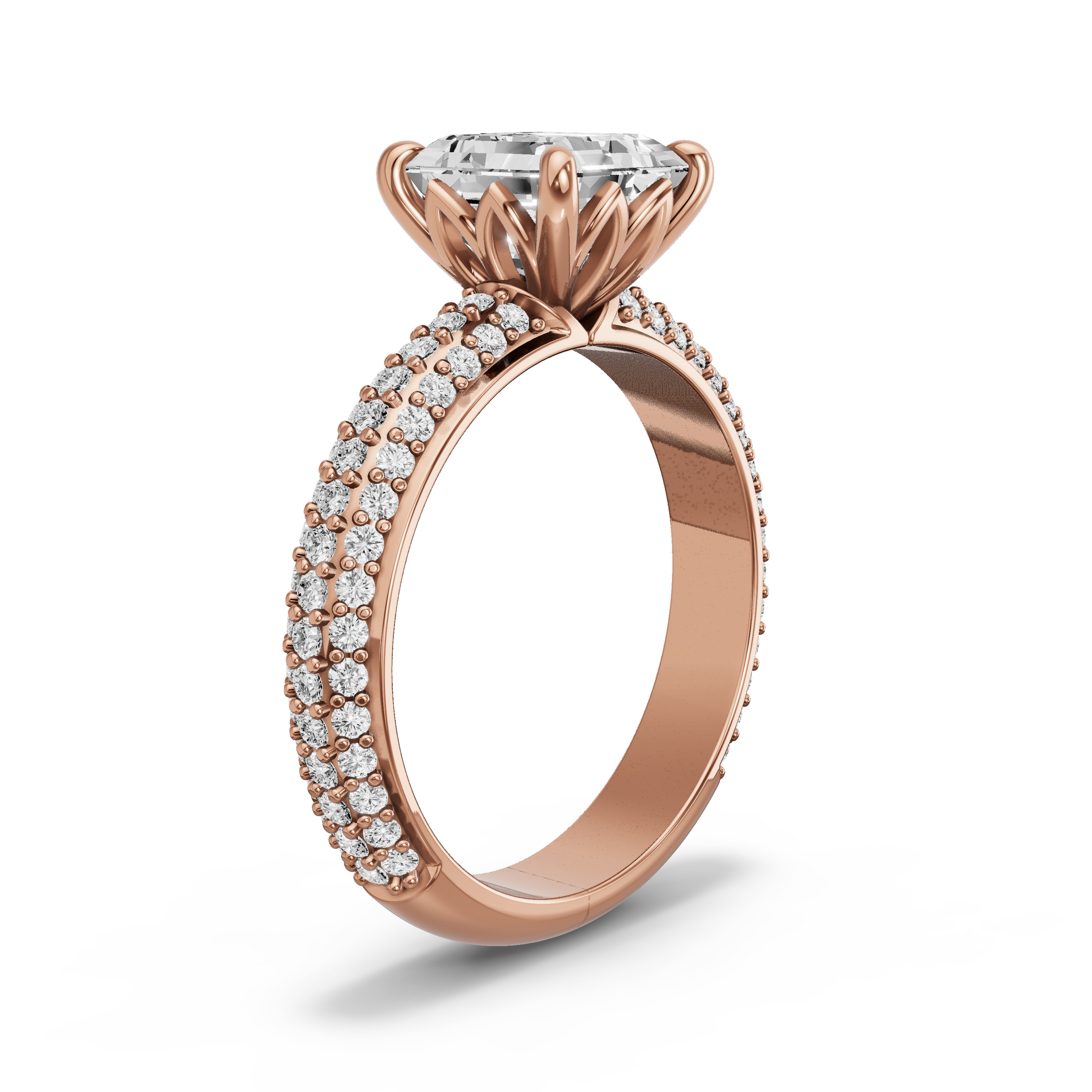 Image for Asscher Lotus Basket Ring with Triple Row Pave band in 14K Yellow Gold