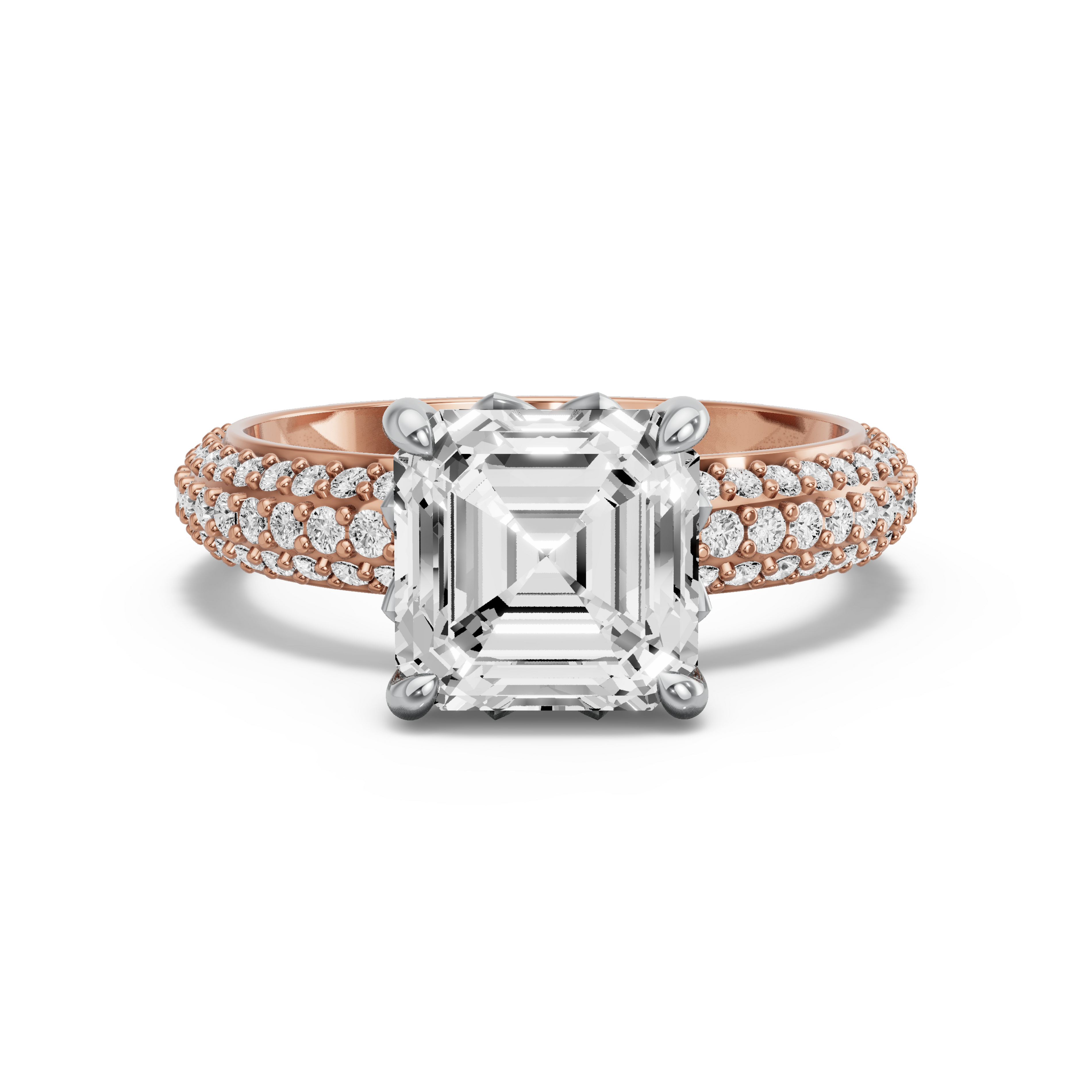 Image for Asscher Lotus Basket Ring with Triple Row Pave band in 14K Two Tone Yellow Gold