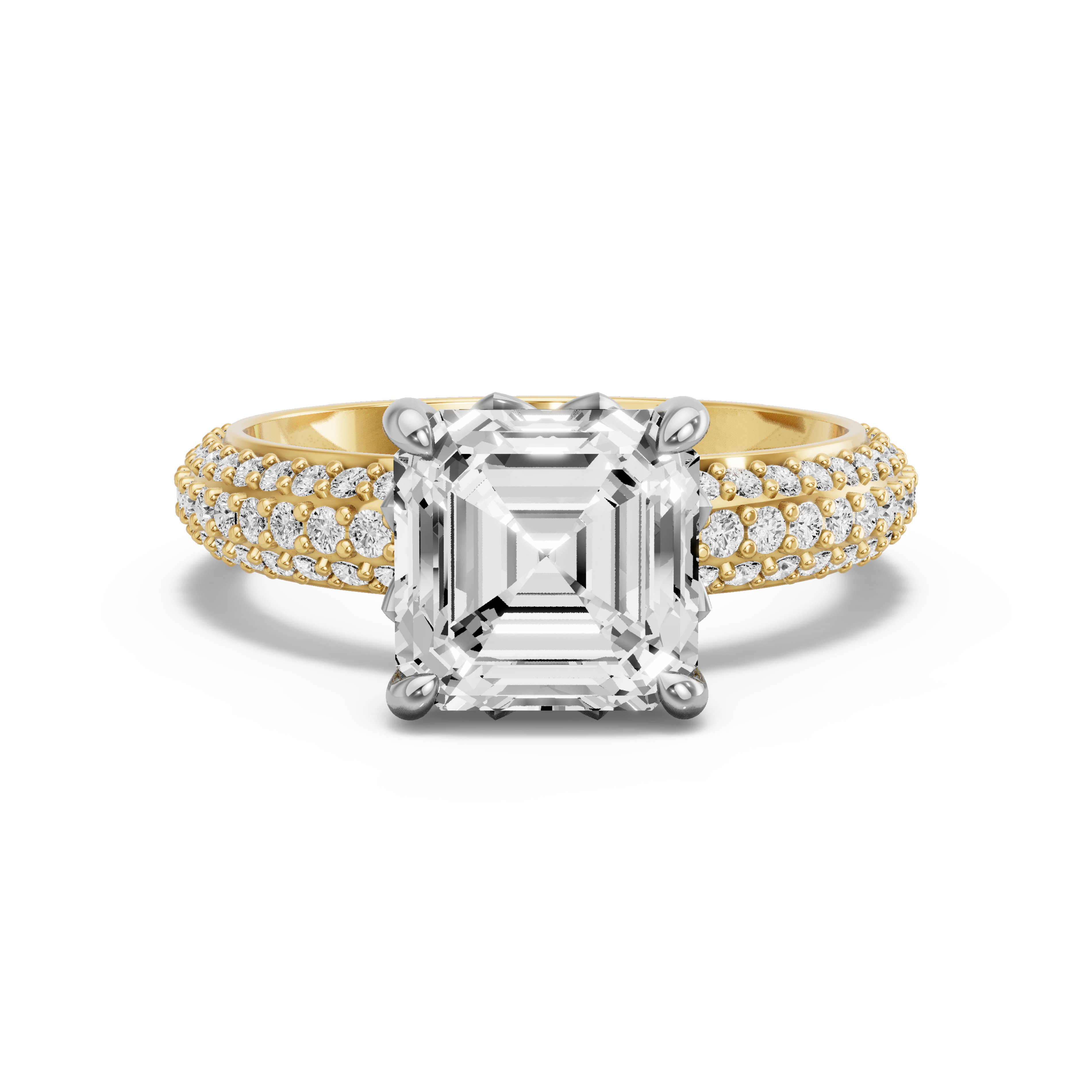 Image for Asscher Lotus Basket Ring with Triple Row Pave band in 14K Rose Gold