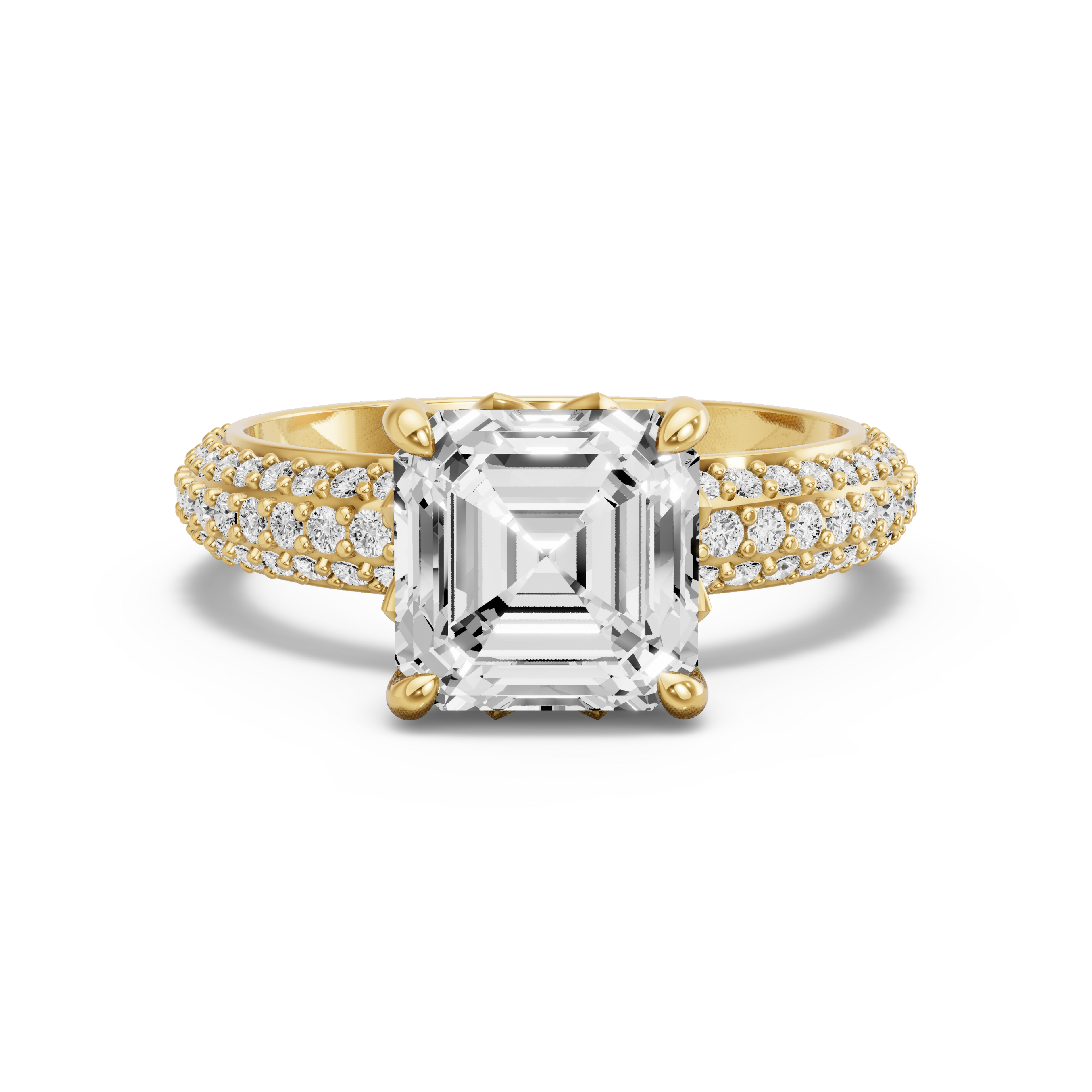 Image for Asscher Lotus Basket Ring with Triple Row Pave band in 10K White Gold