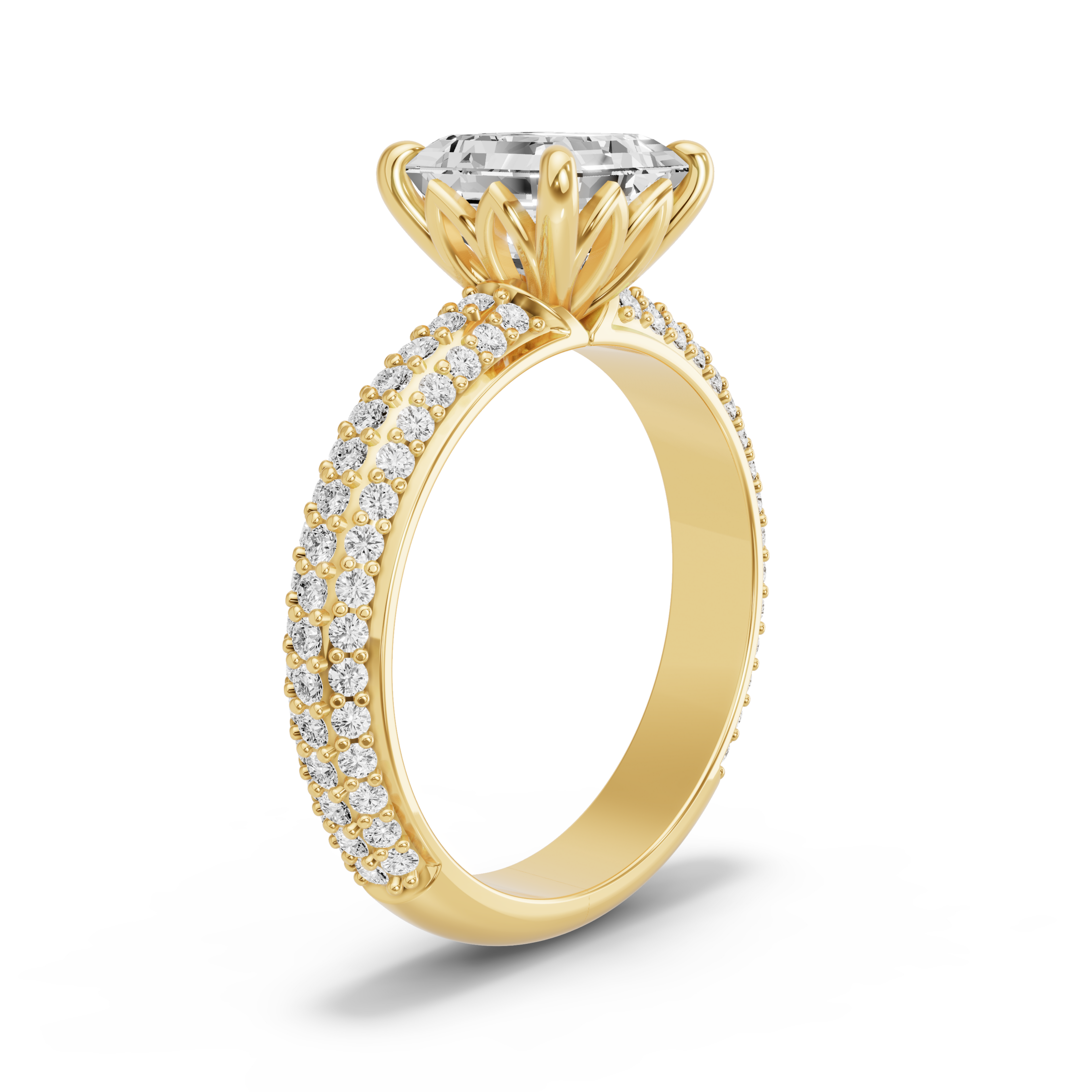 Image for Asscher Lotus Basket Ring with Triple Row Pave band in 18K White Gold