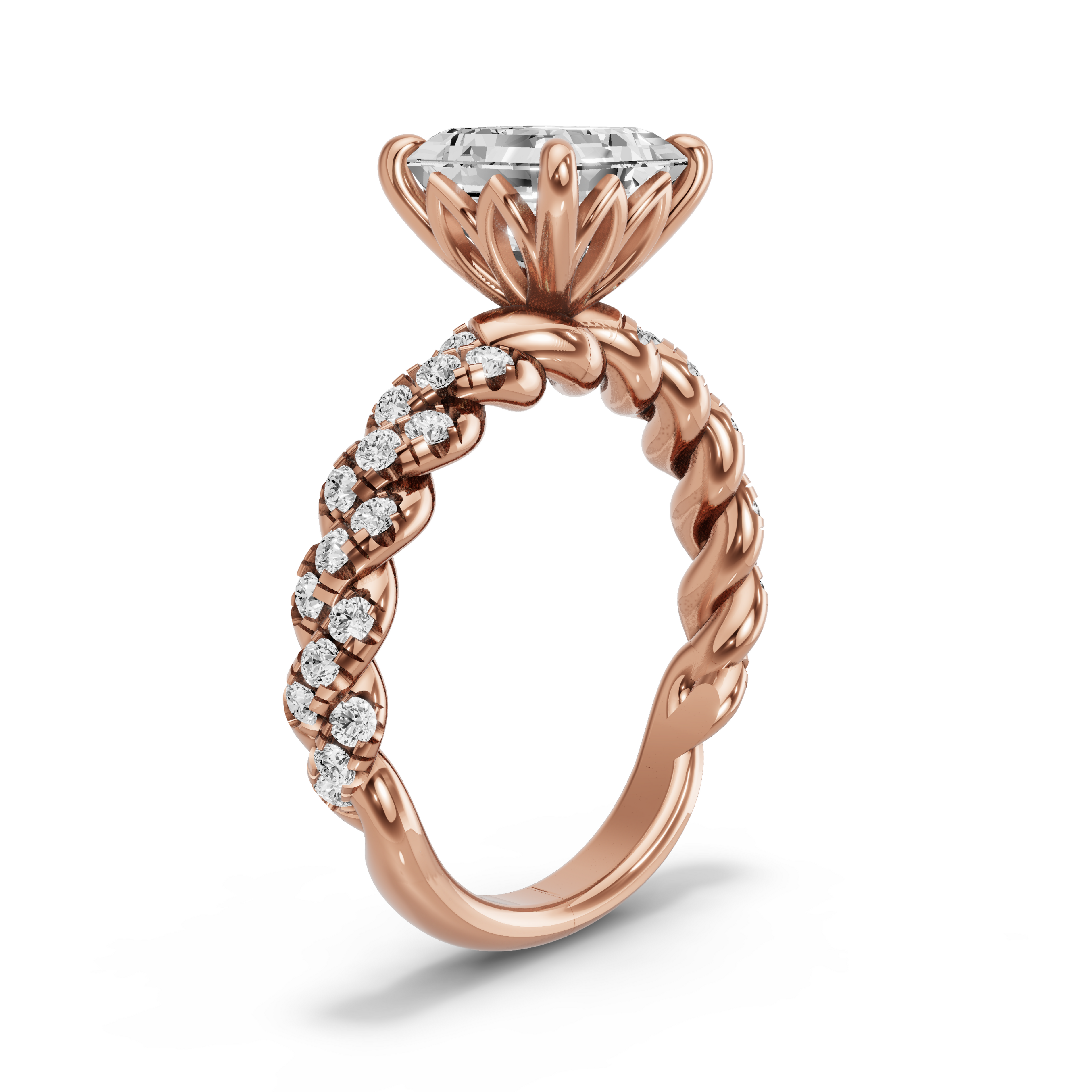 Image for Asscher Lotus Basket Ring with Twist Pave band in 14K Yellow Gold