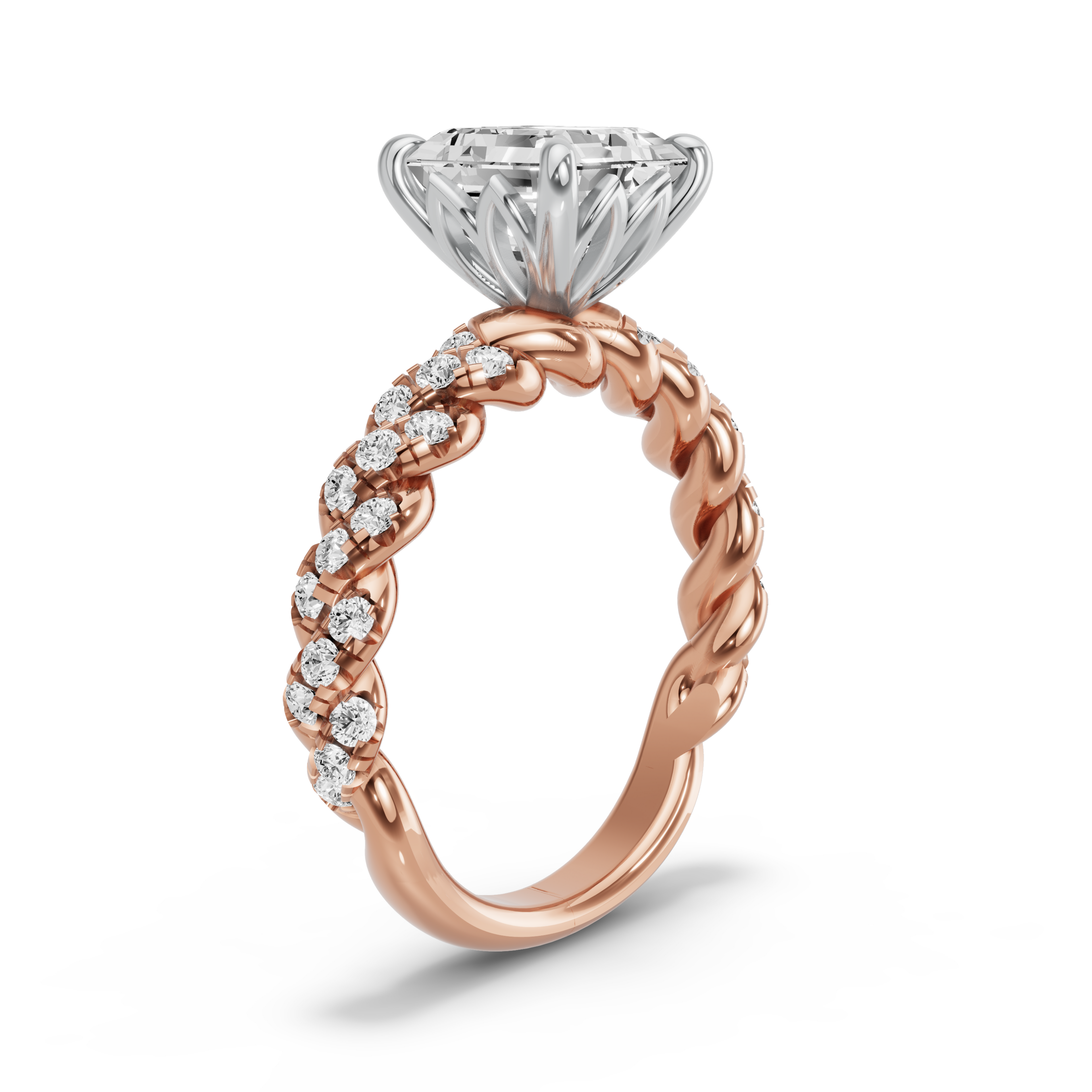 Image for Asscher Lotus Basket Ring with Twist Pave band in 18K Two Tone Rose Gold