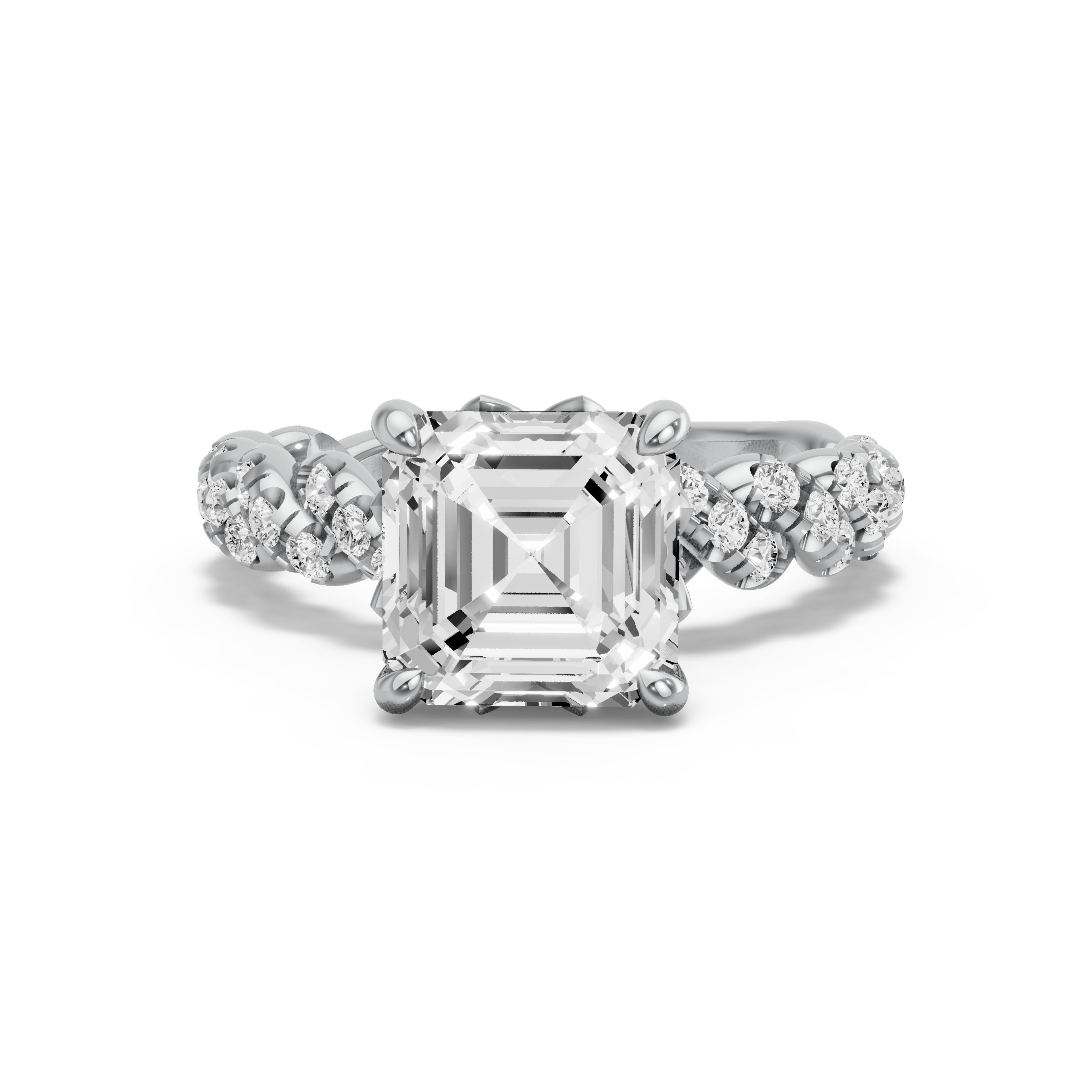 Image for Asscher Lotus Basket Ring with Twist Pave band in 14K Two Tone Rose Gold