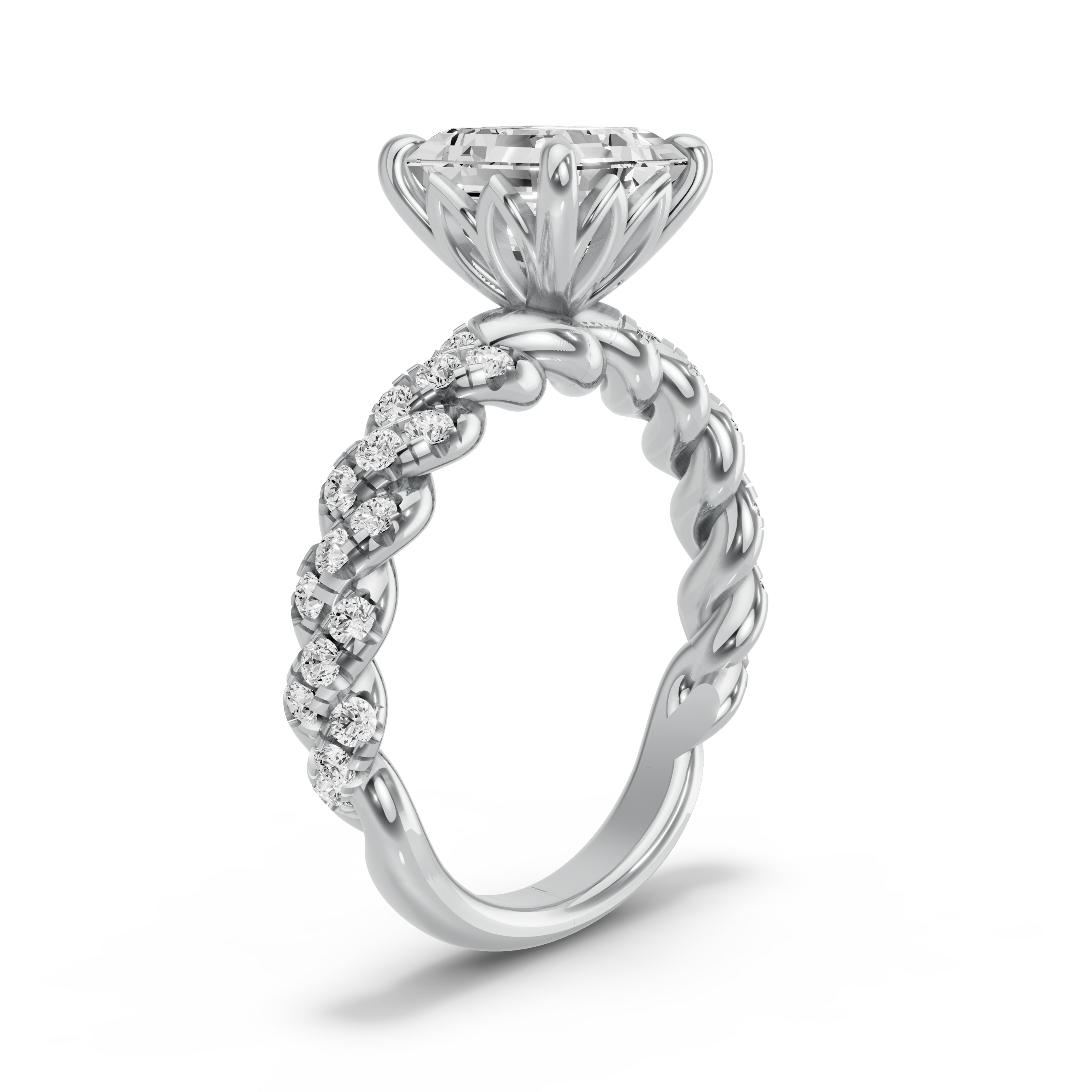 Image for Asscher Lotus Basket Ring with Twist Pave band in 14K Two Tone Rose Gold