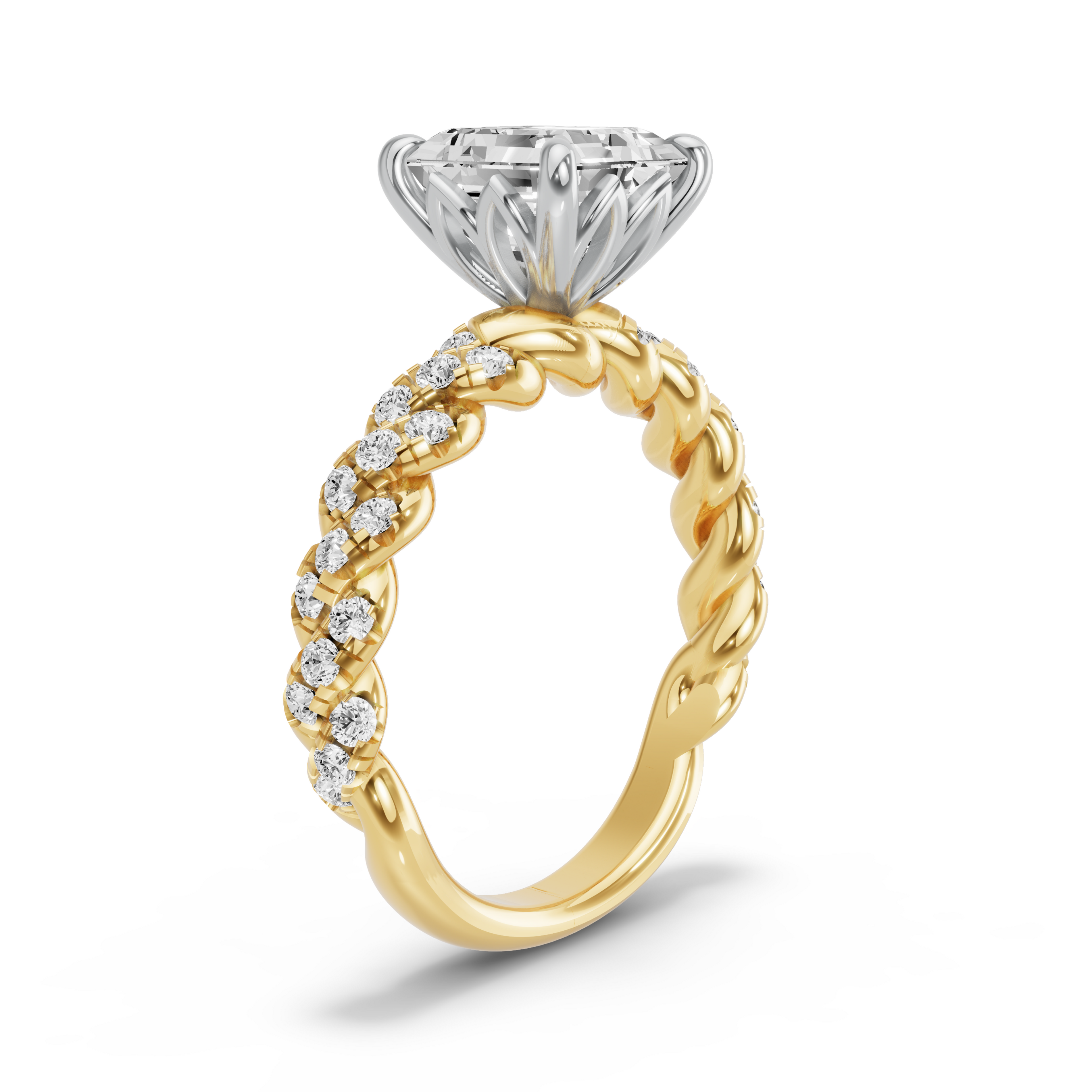 Image for Asscher Lotus Basket Ring with Twist Pave band in 14K Rose Gold