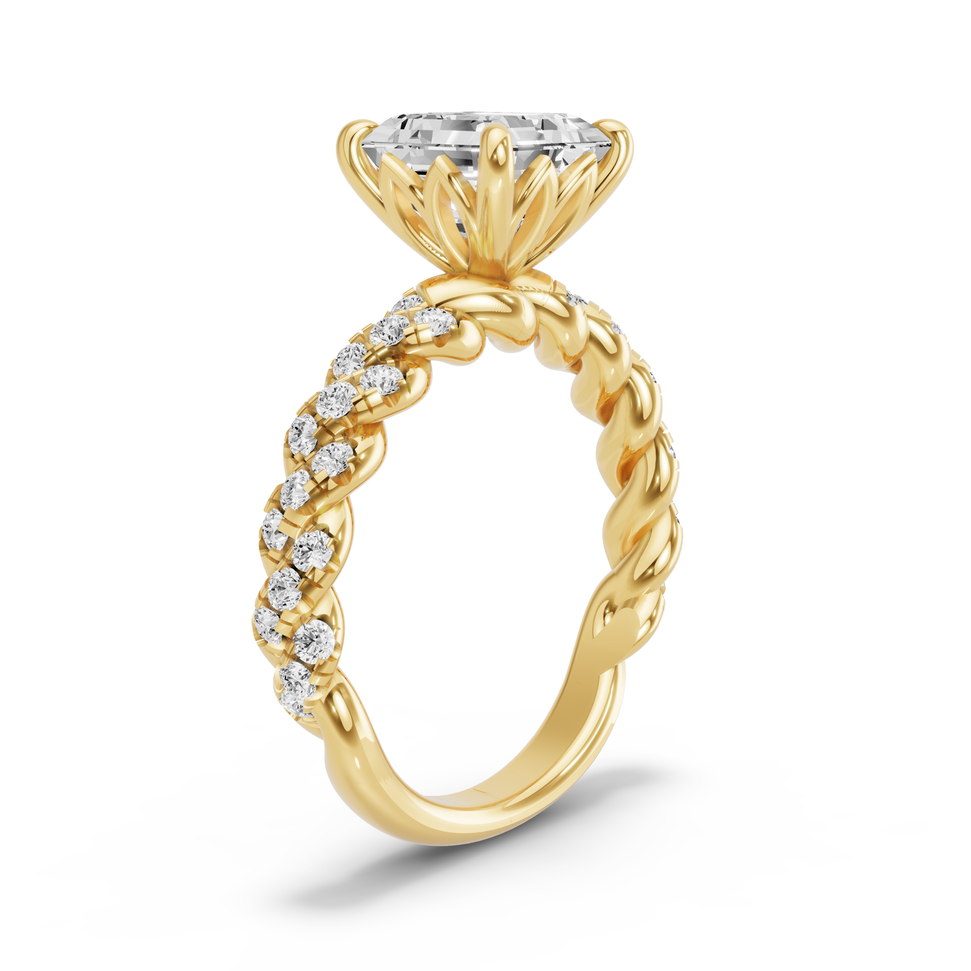 Image for Asscher Lotus Basket Ring with Twist Pave band in 18K White Gold