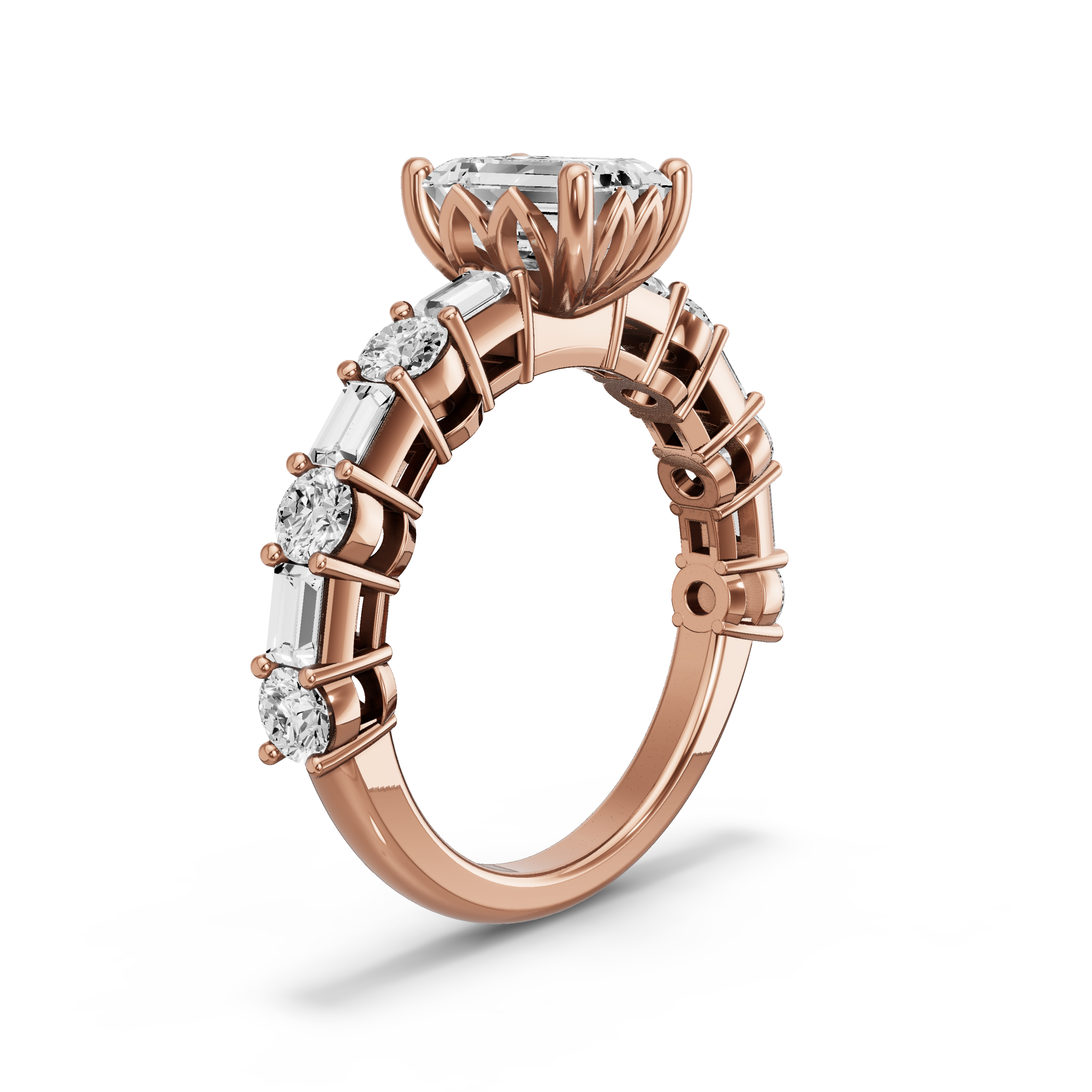 Image for Emerald Lotus Basket Ring with Alternating Baguette band in 10K Rose Gold